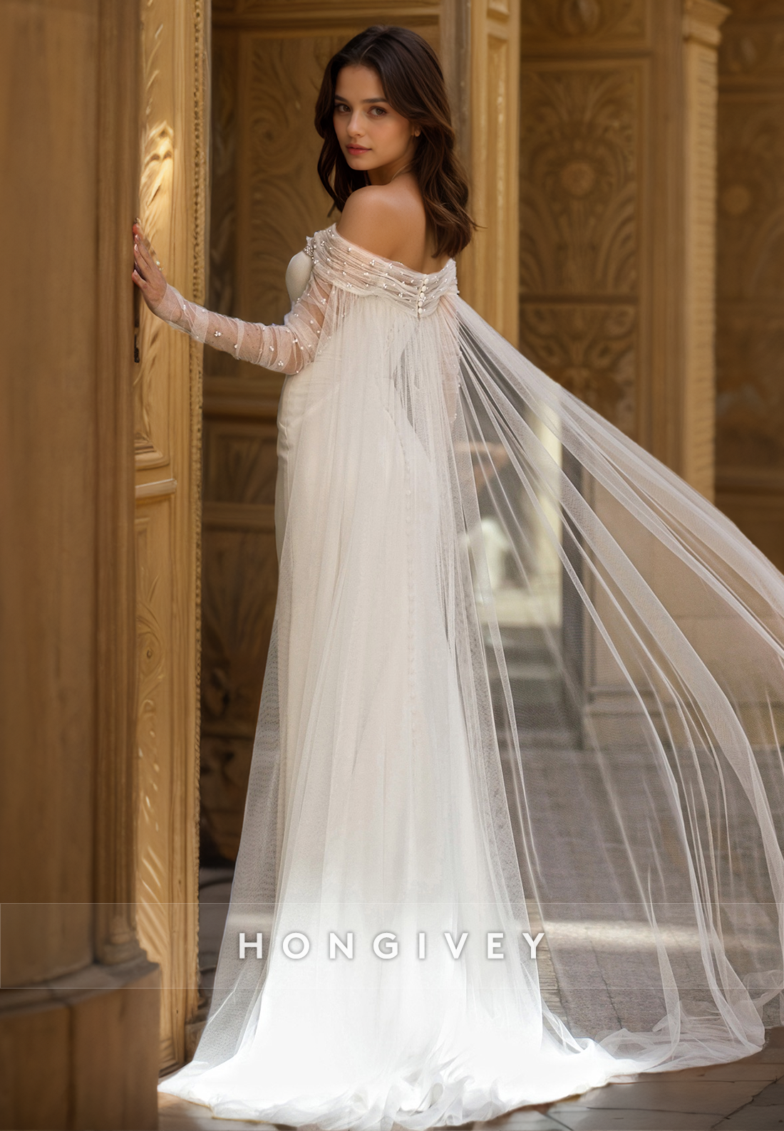 HONGIVEY Tulle Beach Wedding Dress Cap Sleeves Off-Shoulder Pearls Bri HONGIVEY Tulle Beach Wedding Dress Cap Sleeves Off-Shoulder Pearls Bri