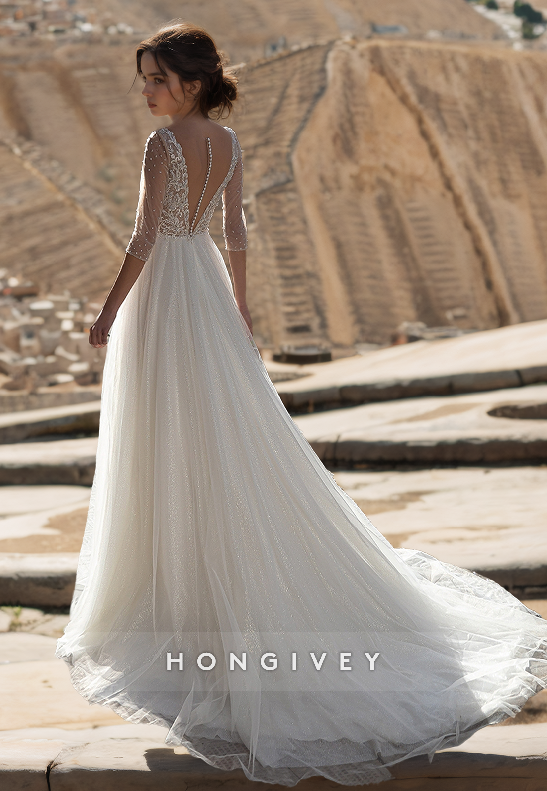 HONGIVEY Stunning Beaded Wedding Dress 2024 V-Neck Long Sleeves Tulle Bride Gown