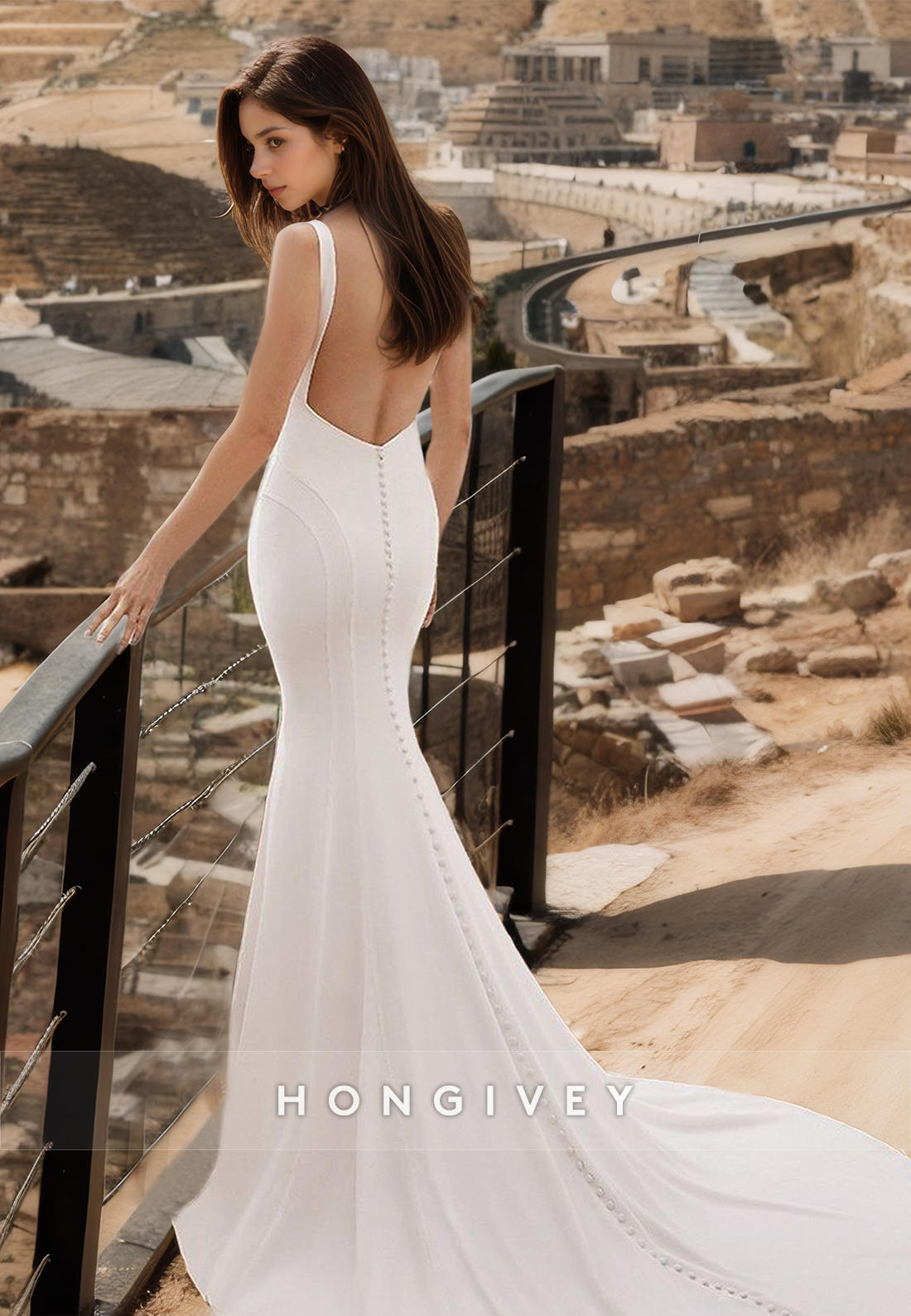 HONGIVEY Sexy V-Neck Backless Mermaid Beach Wedding Dress with Train Classic Bridal Dresses