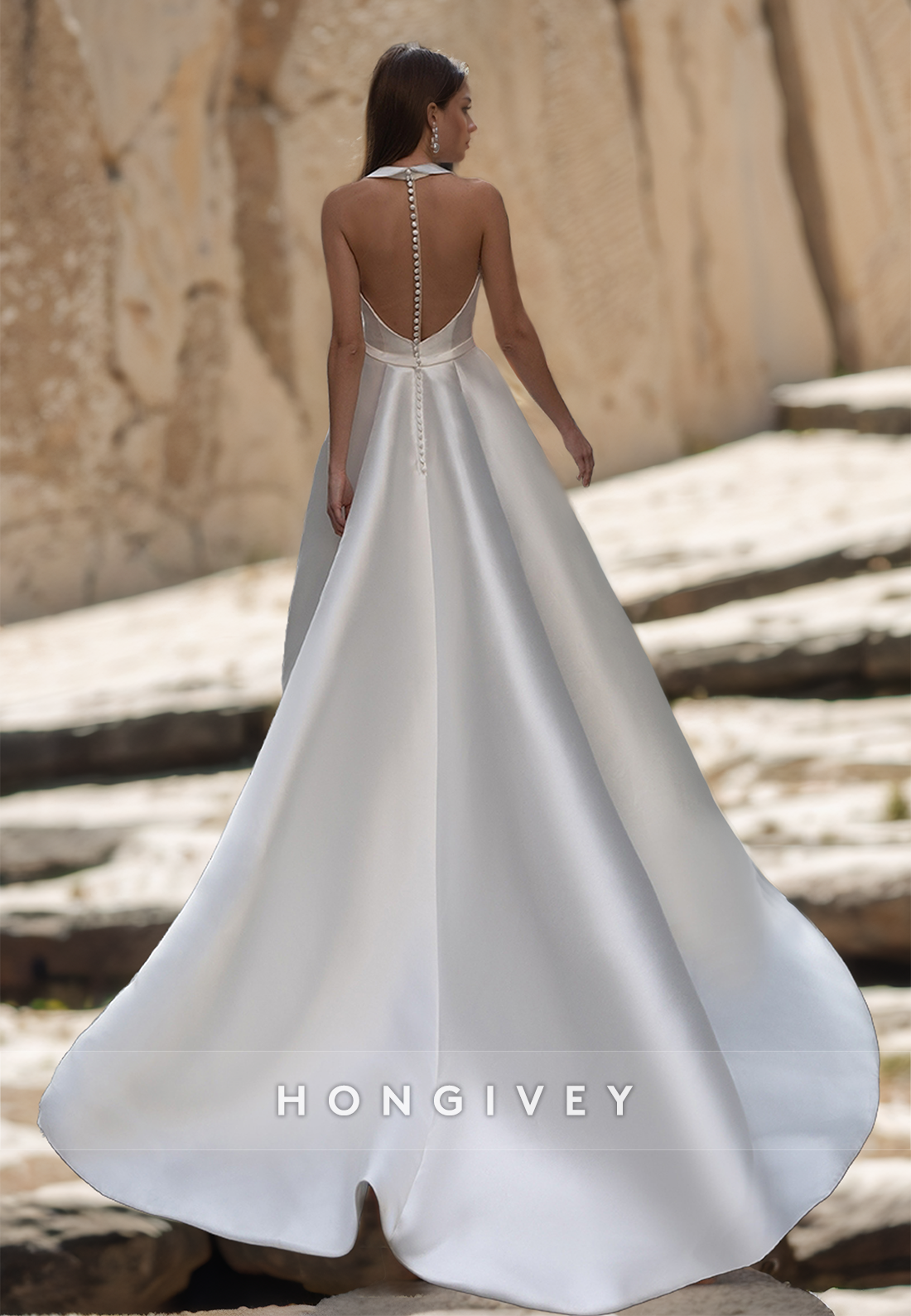 HONGIVEY V-Neck Satin Wedding Dress Sleeveless A-Line Bridal Dresses