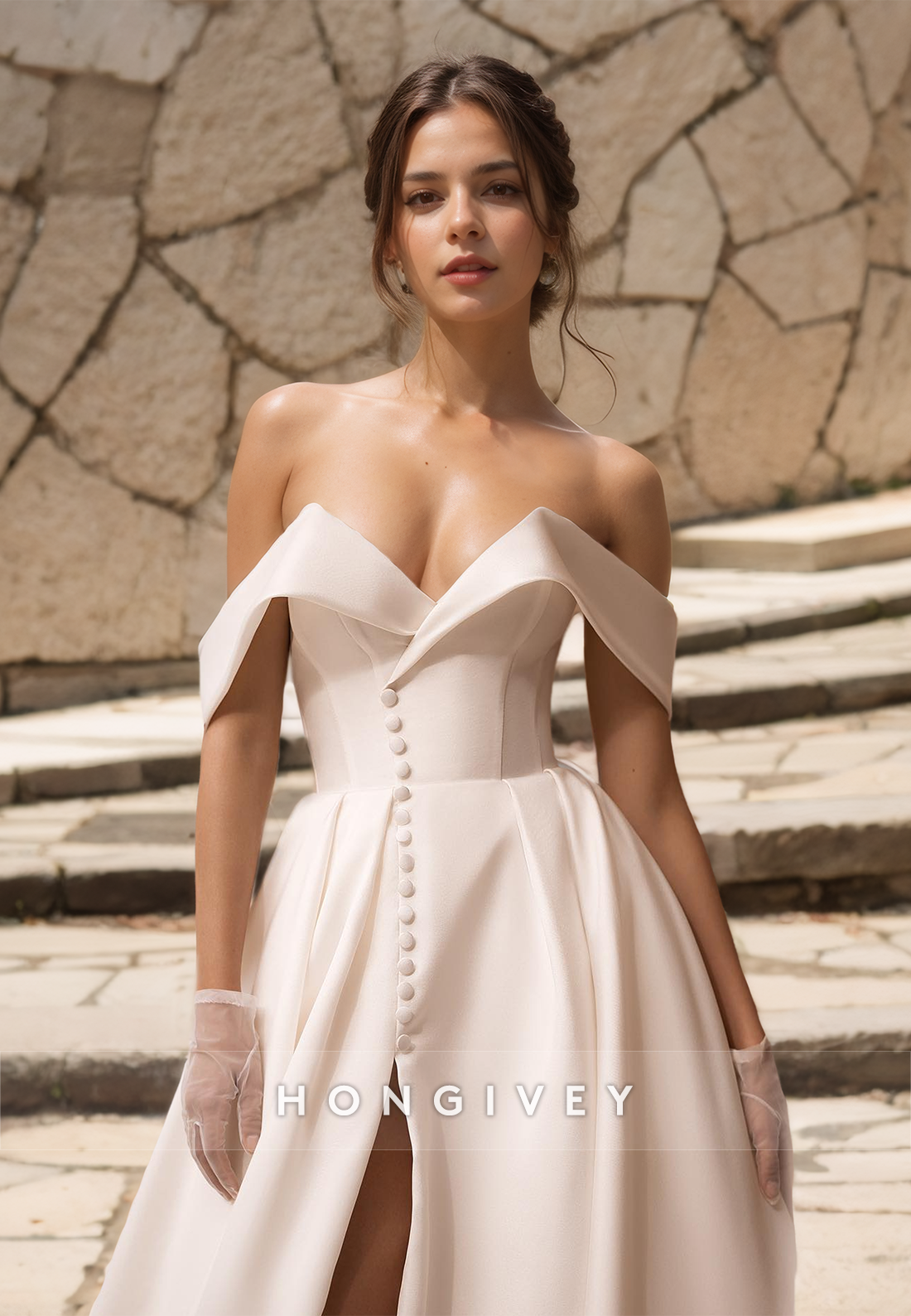 HONGIVEY Elegant Wedding Dress Bow Side Slit Off-Shoulder Sweetheart Bridal Dresses