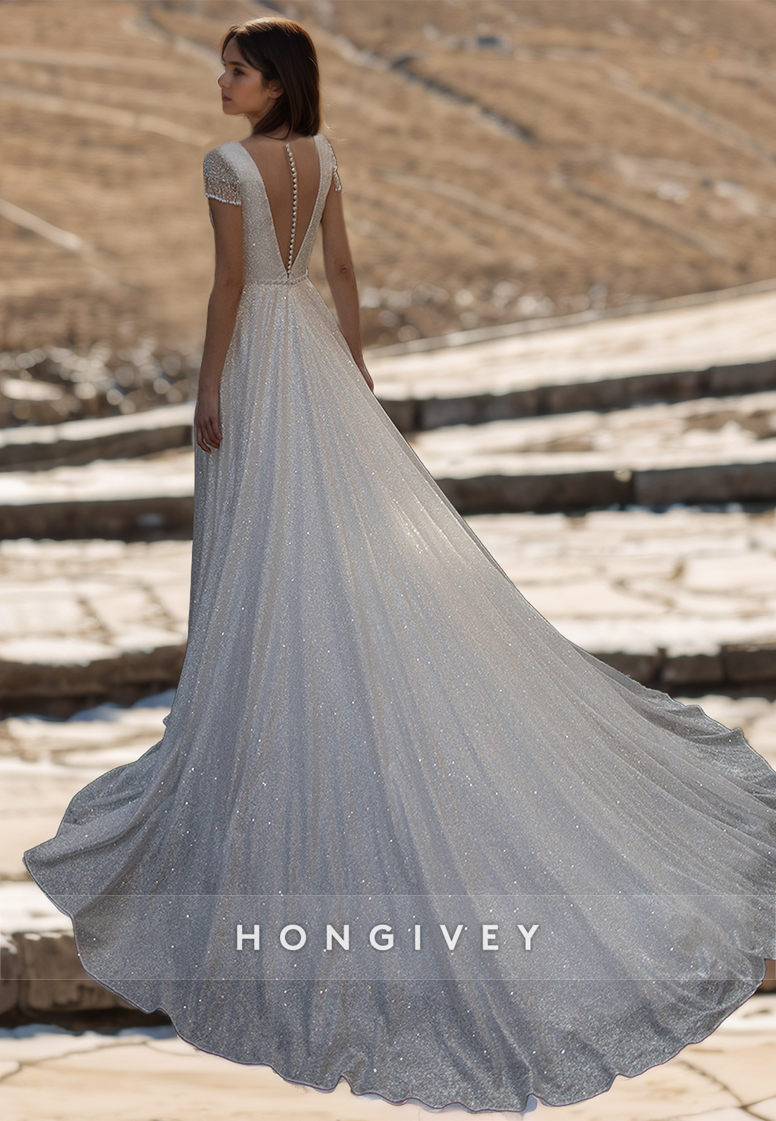 HONGIVEY New Glitter Wedding Dress V-Neck Short Sleeves Backless Bridal Dresses