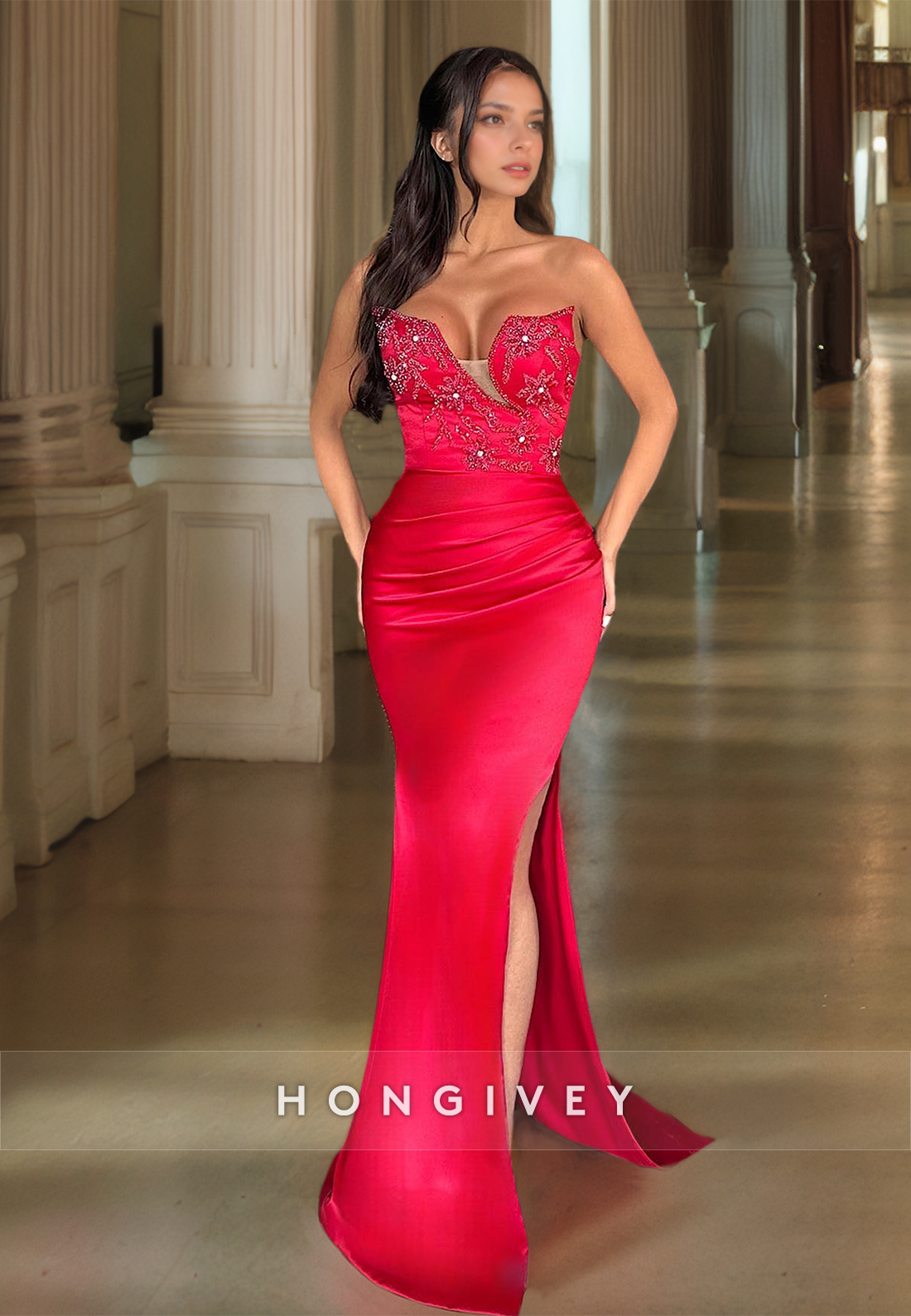 HONGIVEY Red Beaded Sweetheart Satin Evening Dress Side Slit Mermaid P HONGIVEY Red Beaded Sweetheart Satin Evening Dress Side Slit Mermaid P