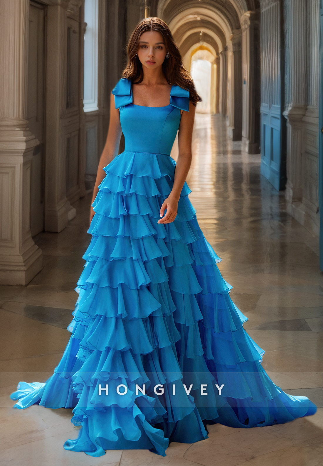 HONGIVEY Blue Tiered Tulle A-Line Prom Gown Classic Square Floor Lengt HONGIVEY Blue Tiered Tulle A-Line Prom Gown Classic Square Floor Lengt