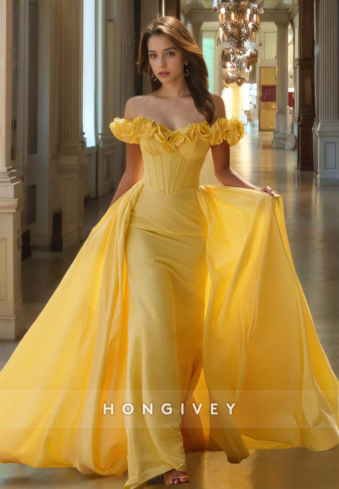 HONGIVEY Off-Shoulder Yellow Evening Dress Elegant 2024 Formal Party G HONGIVEY Off-Shoulder Yellow Evening Dress Elegant 2024 Formal Party G