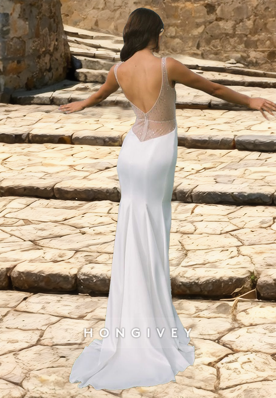 HONGIVEY Sexy Satin Mermaid Wedding Dresses Beach V-Neck Backless Beaded Bride Dress