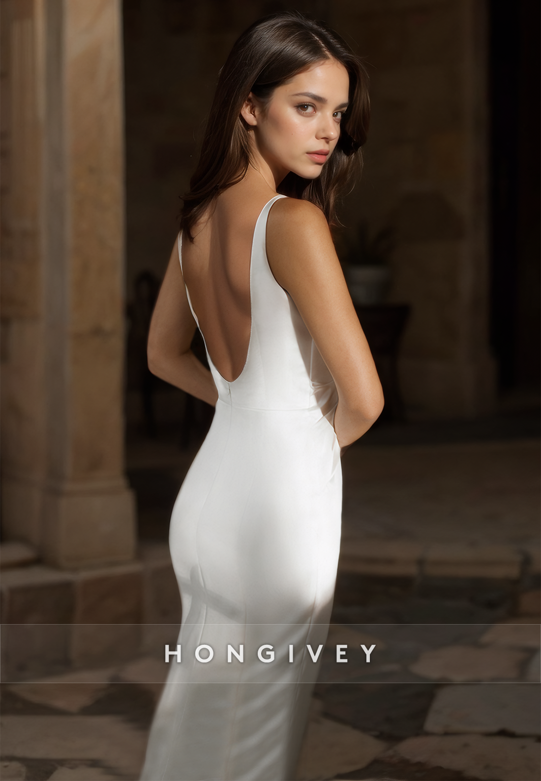 HONGIVEY Straps Backless Satin Mermaid Wedding Dress with Side Slit Simple Bride Gown