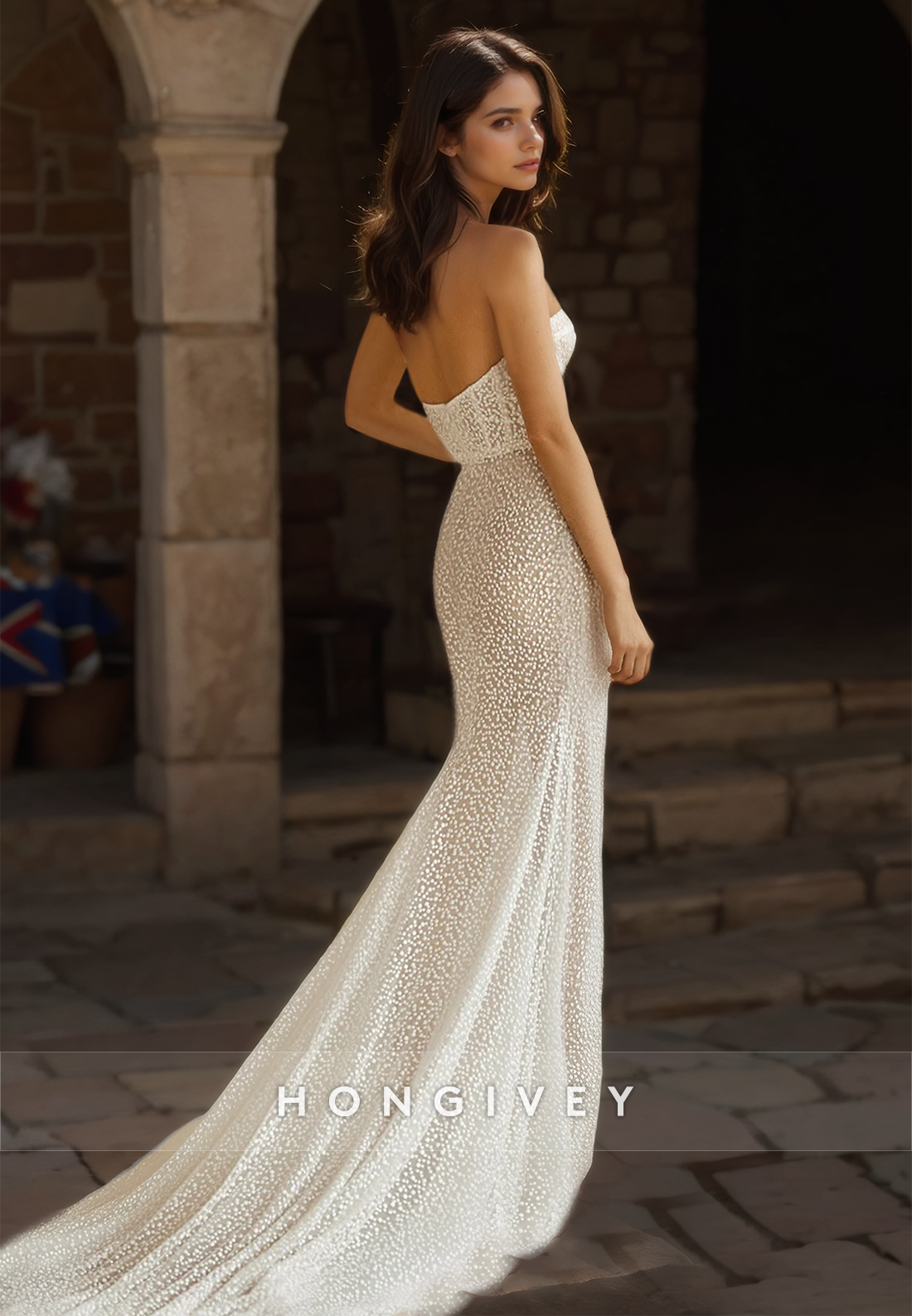 HONGIVEY Sexy Sheer Strapless Wedding Dress with Side Slit Sleeveless Bridal Dresses