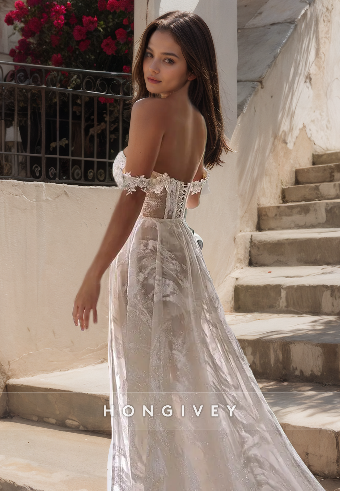 HONGIVEY Lace Applique Wedding Dress with Side Slit A-Line Off-Shoulder Bride Gown