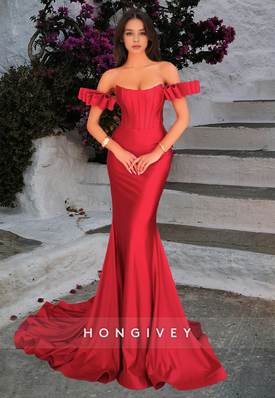 HONGIVEY Designed Red Off-Shoulder Mermaid Formal Evening Dress Strapl HONGIVEY Designed Red Off-Shoulder Mermaid Formal Evening Dress Strapl