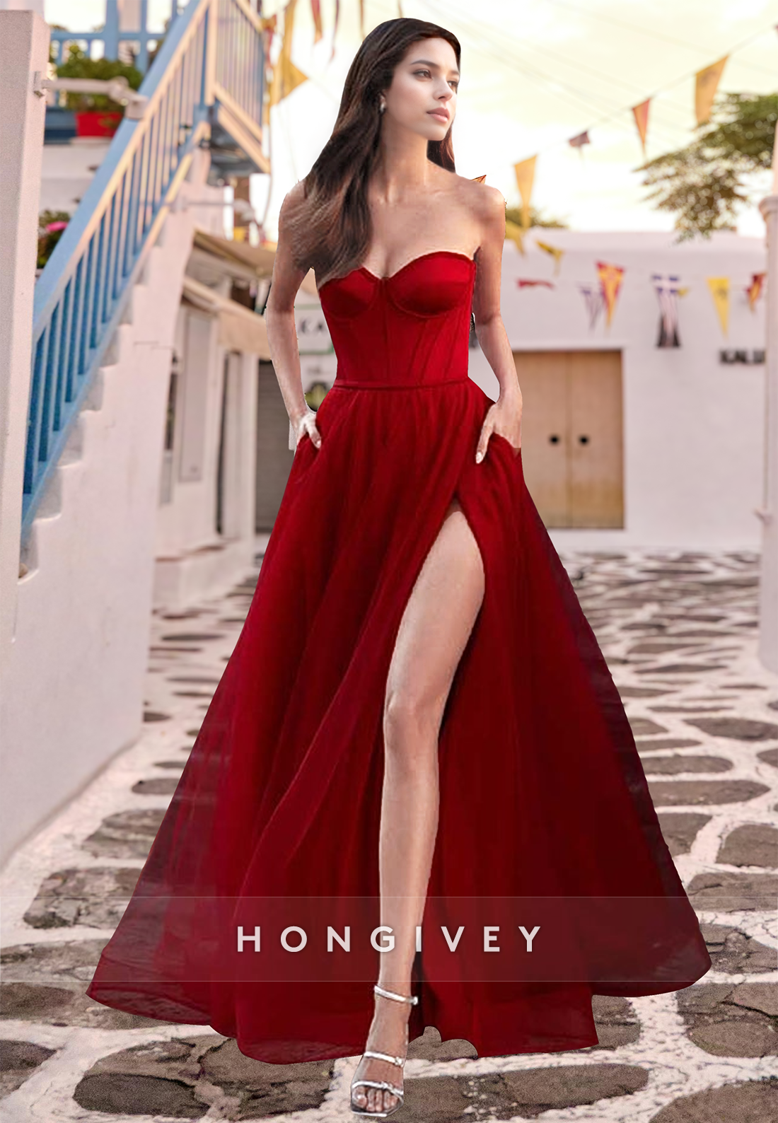 HONGIVEY Red Strapless Sweetheart Side Slit A-Line Evening Dress Prom HONGIVEY Red Strapless Sweetheart Side Slit A-Line Evening Dress Prom
