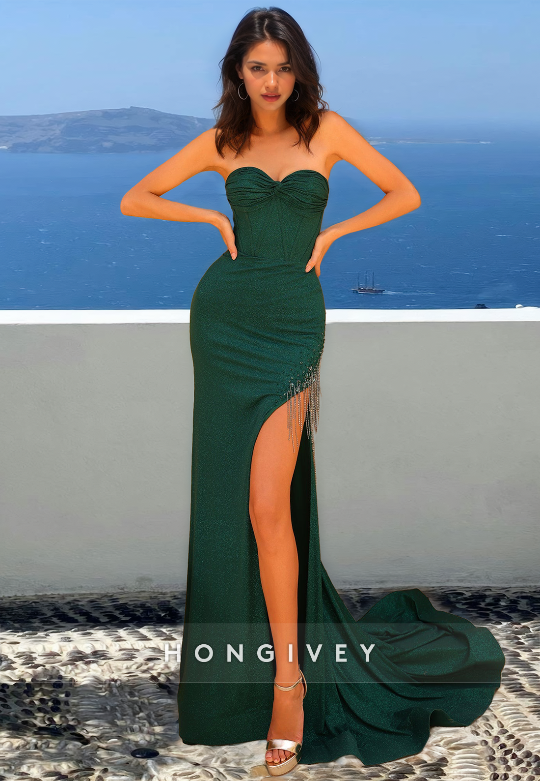 HONGIVEY Dark Green Strapless Sheath Evening Dress Special Tassels Bea HONGIVEY Dark Green Strapless Sheath Evening Dress Special Tassels Bea