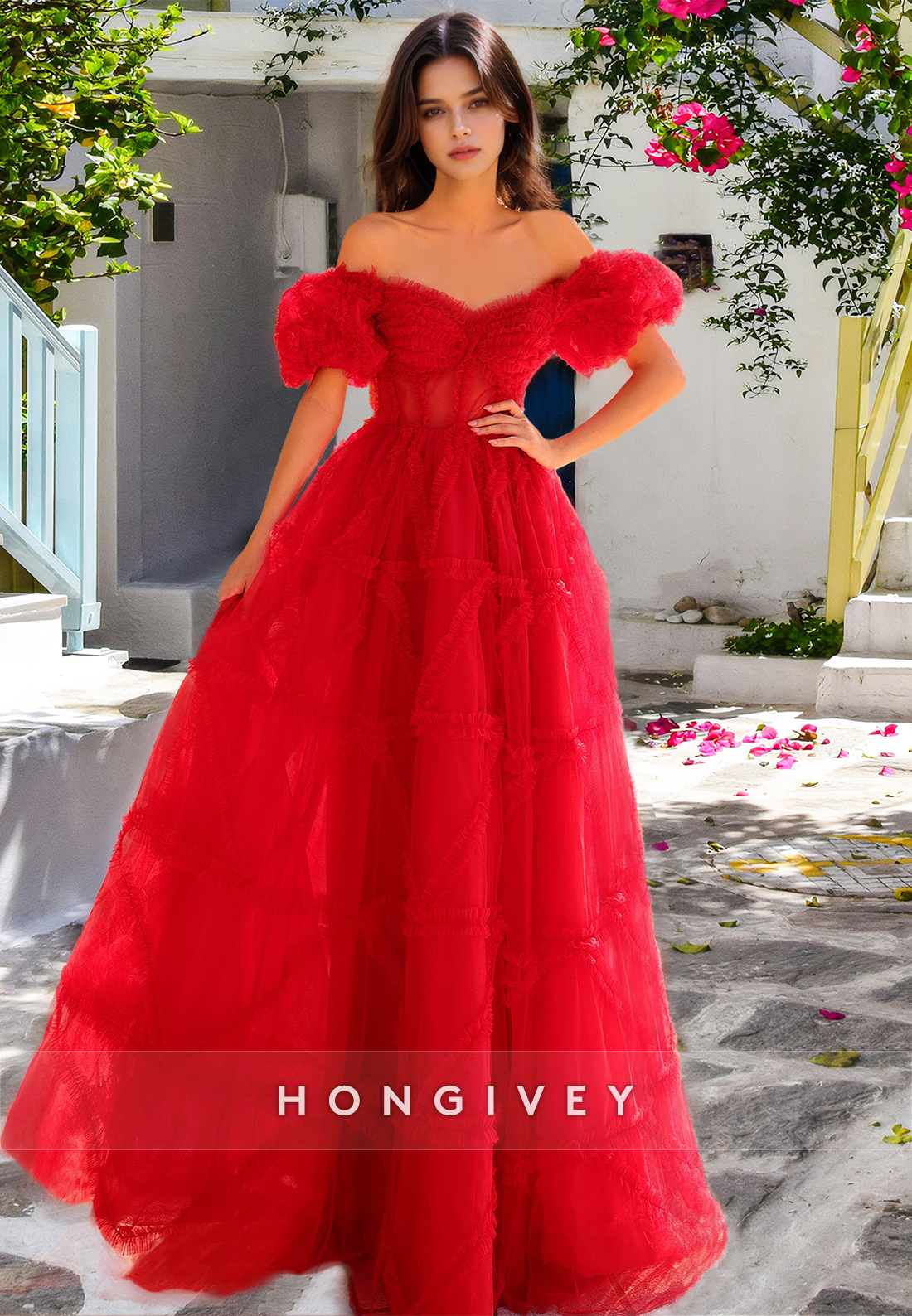 HONGIVEY 2025 Special Stripe Tulle Prom Dress Red Off-Shoulder A-Line HONGIVEY 2025 Special Stripe Tulle Prom Dress Red Off-Shoulder A-Line