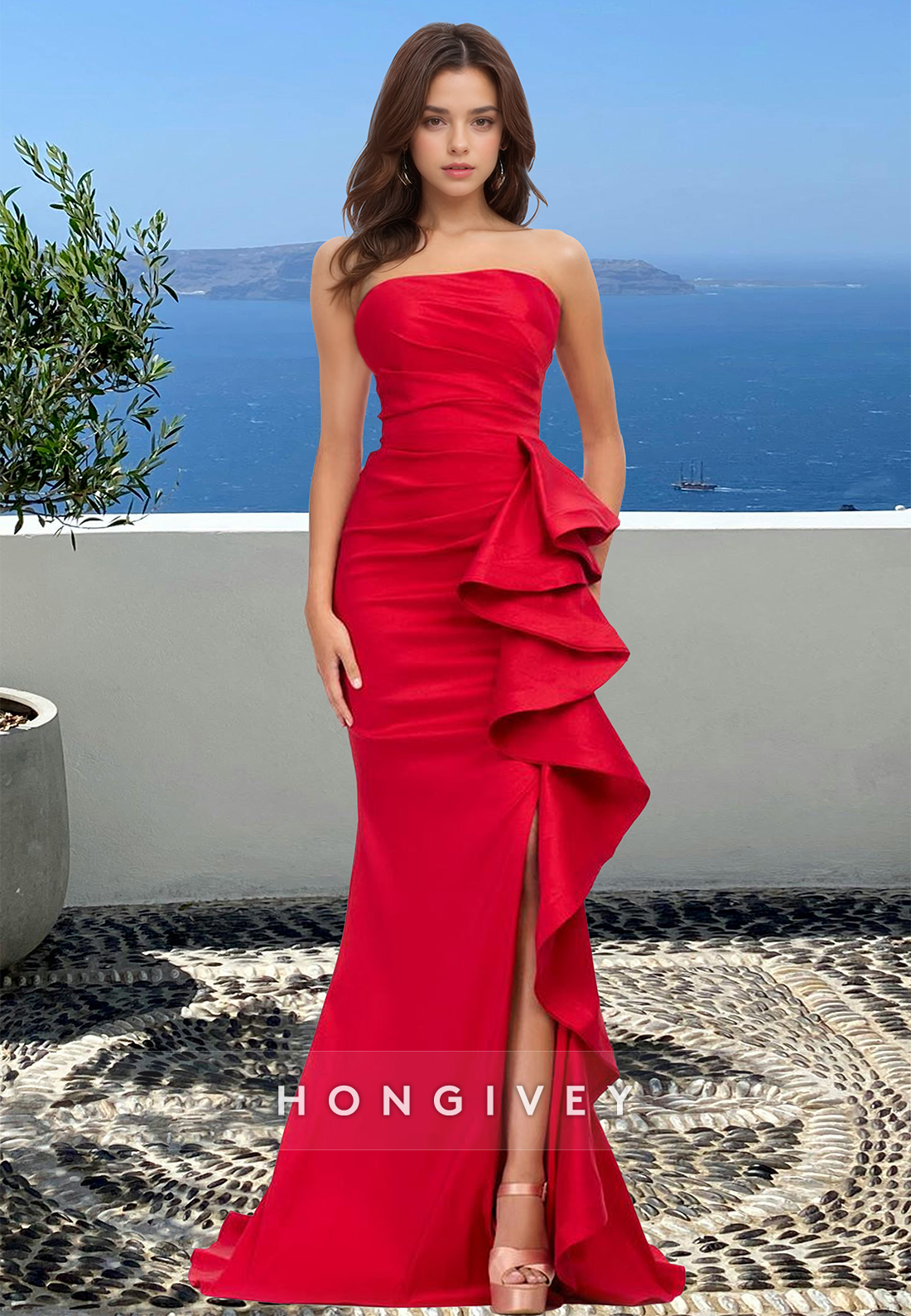 Chic Strapless Ruffles Trumpet with Side Slit Evening Dress 2025 New H Chic Strapless Ruffles Trumpet with Side Slit Evening Dress 2025 New H