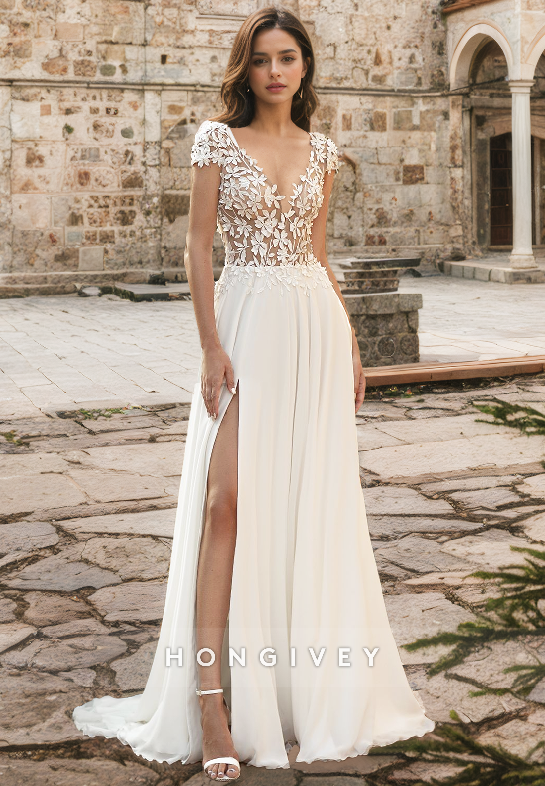sheer short sleeve wedding dress Mermaid Appliques Sheer Tulle Wedding Dresses