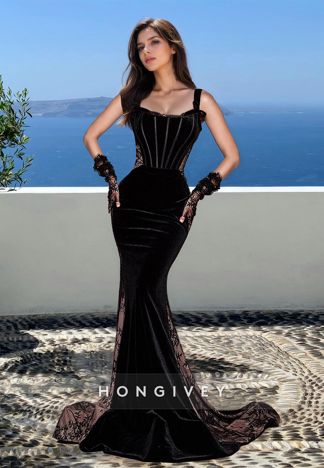 Sexy Mermaid Black Gloves with Train Lace Applique Formal Evening Dres Sexy Mermaid Black Gloves with Train Lace Applique Formal Evening Dres