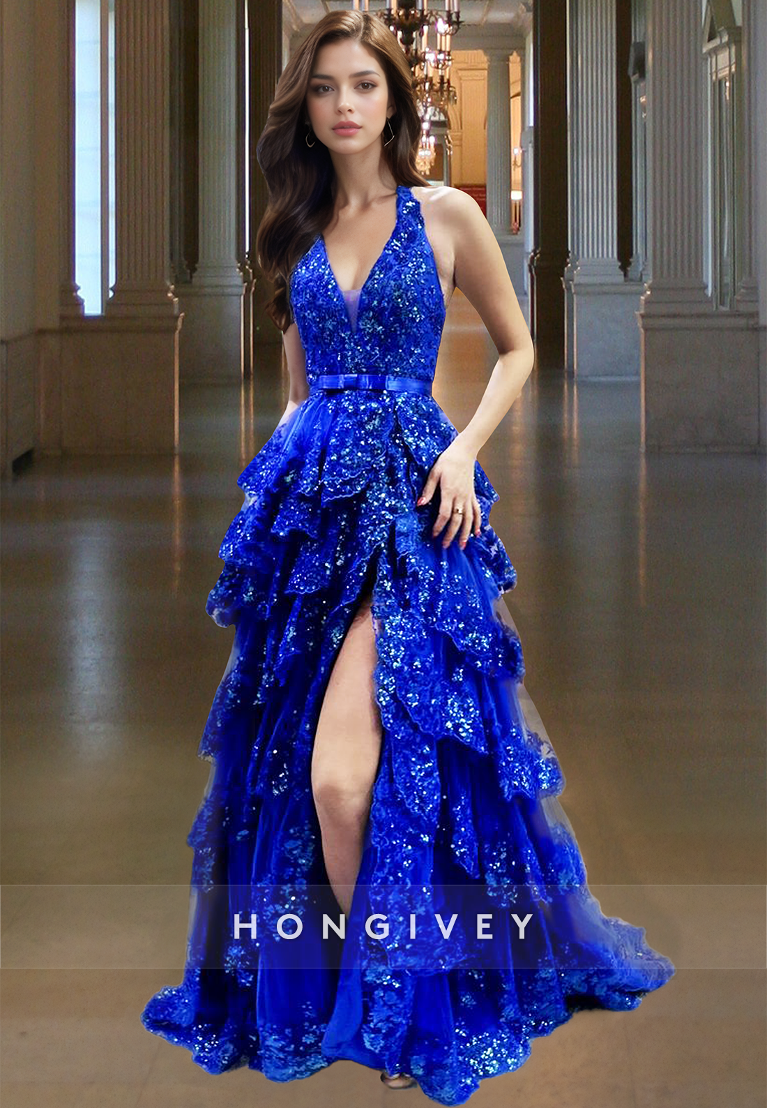 Blue Tiered Prom Dress Sparkle Floral Straps A-Line Formal Ball Gown H Blue Tiered Prom Dress Sparkle Floral Straps A-Line Formal Ball Gown H