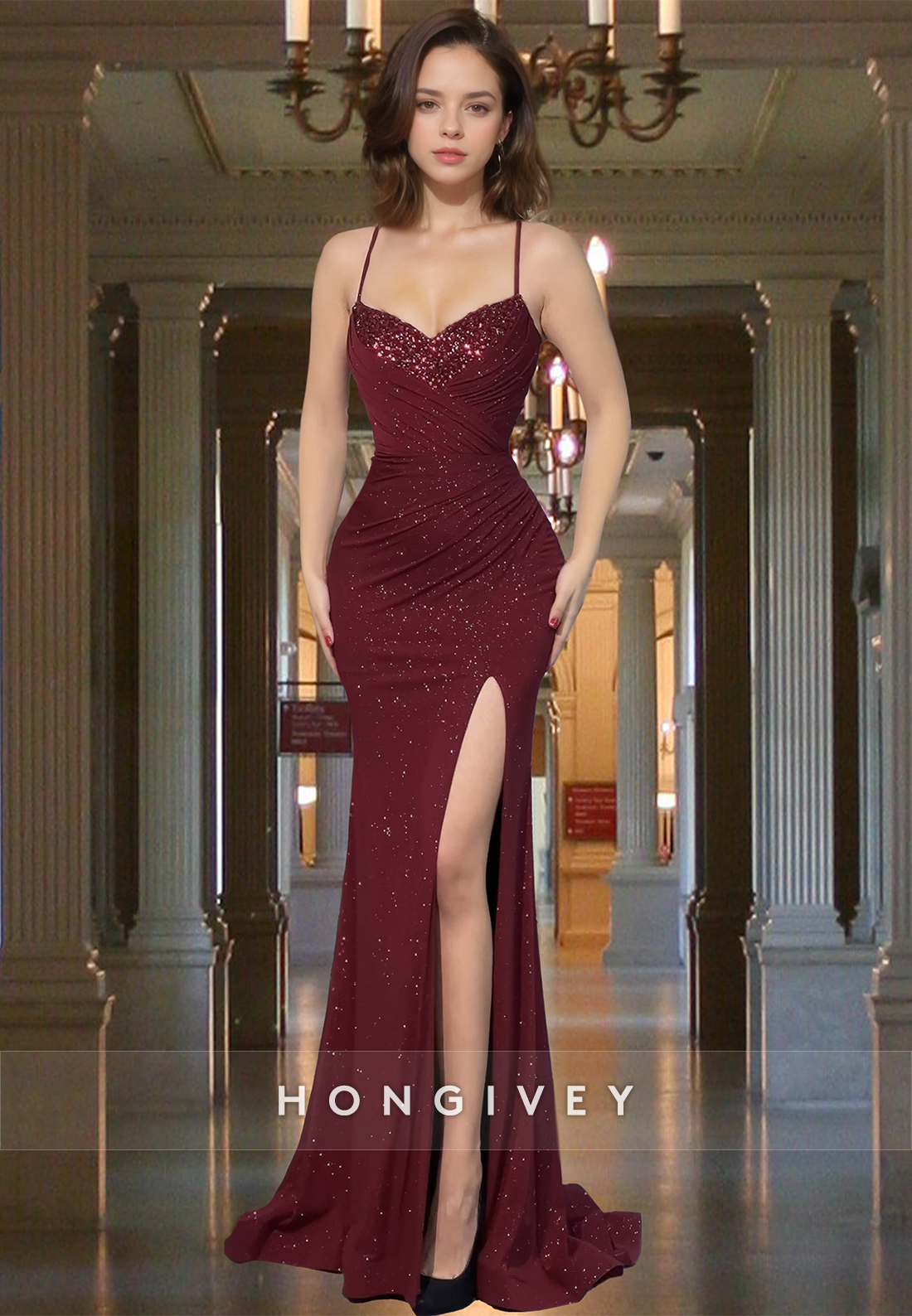 Sexy Dark Red Empire with Slit Straps Evening Dress Party Gown HONGIVE Sexy Dark Red Empire with Slit Straps Evening Dress Party Gown HONGIVE