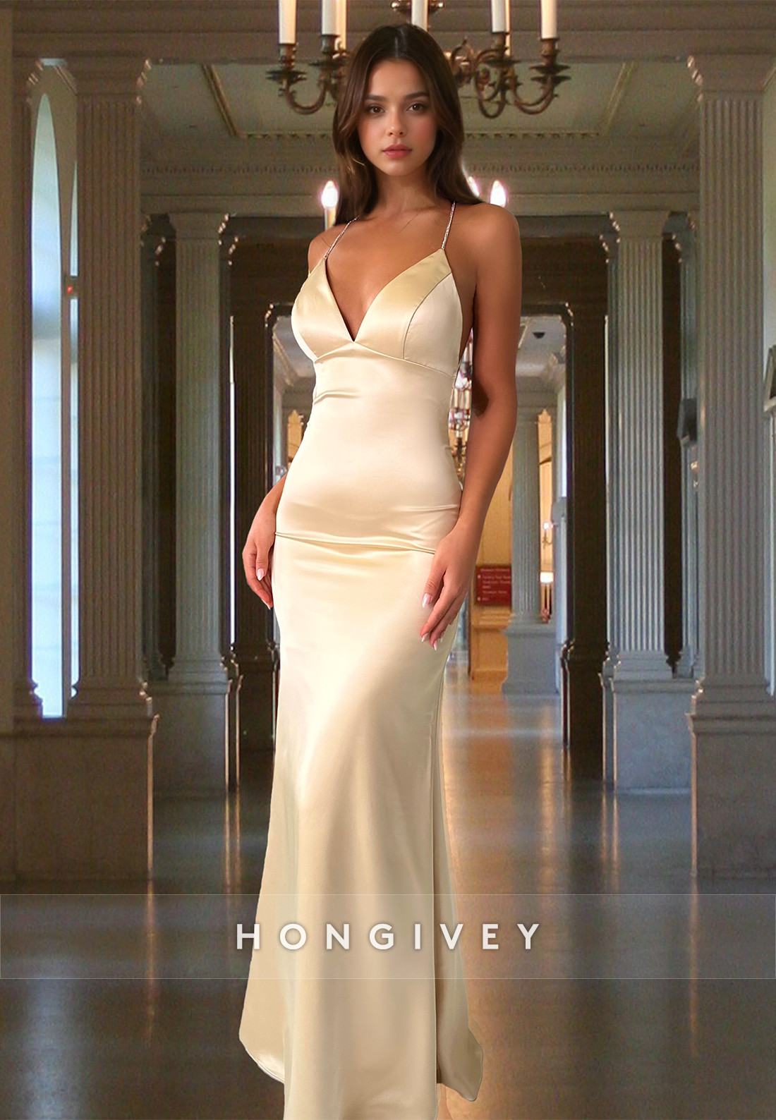 Straps V-Neck Backless Sheath Simple Evening Dress Formal Gown HONGIVE Straps V-Neck Backless Sheath Simple Evening Dress Formal Gown HONGIVE