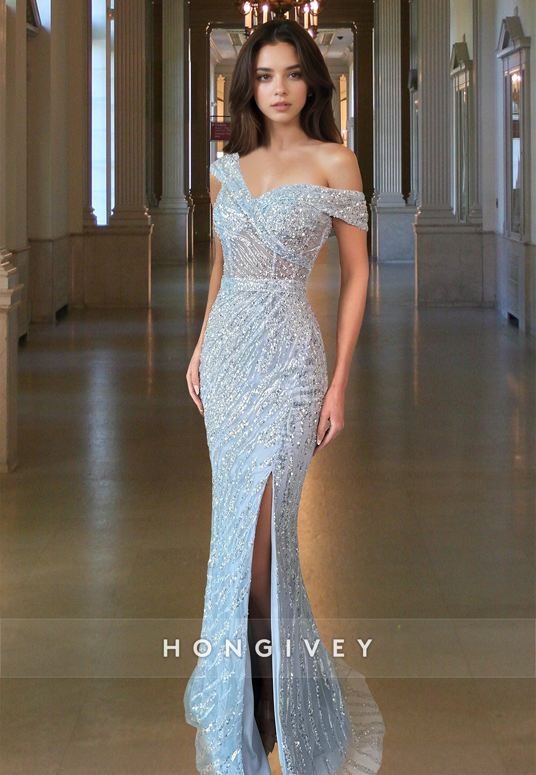 fitted lace wedding dress Silver Sequin Off Shoulder Feather Mermaid Dress main image 0