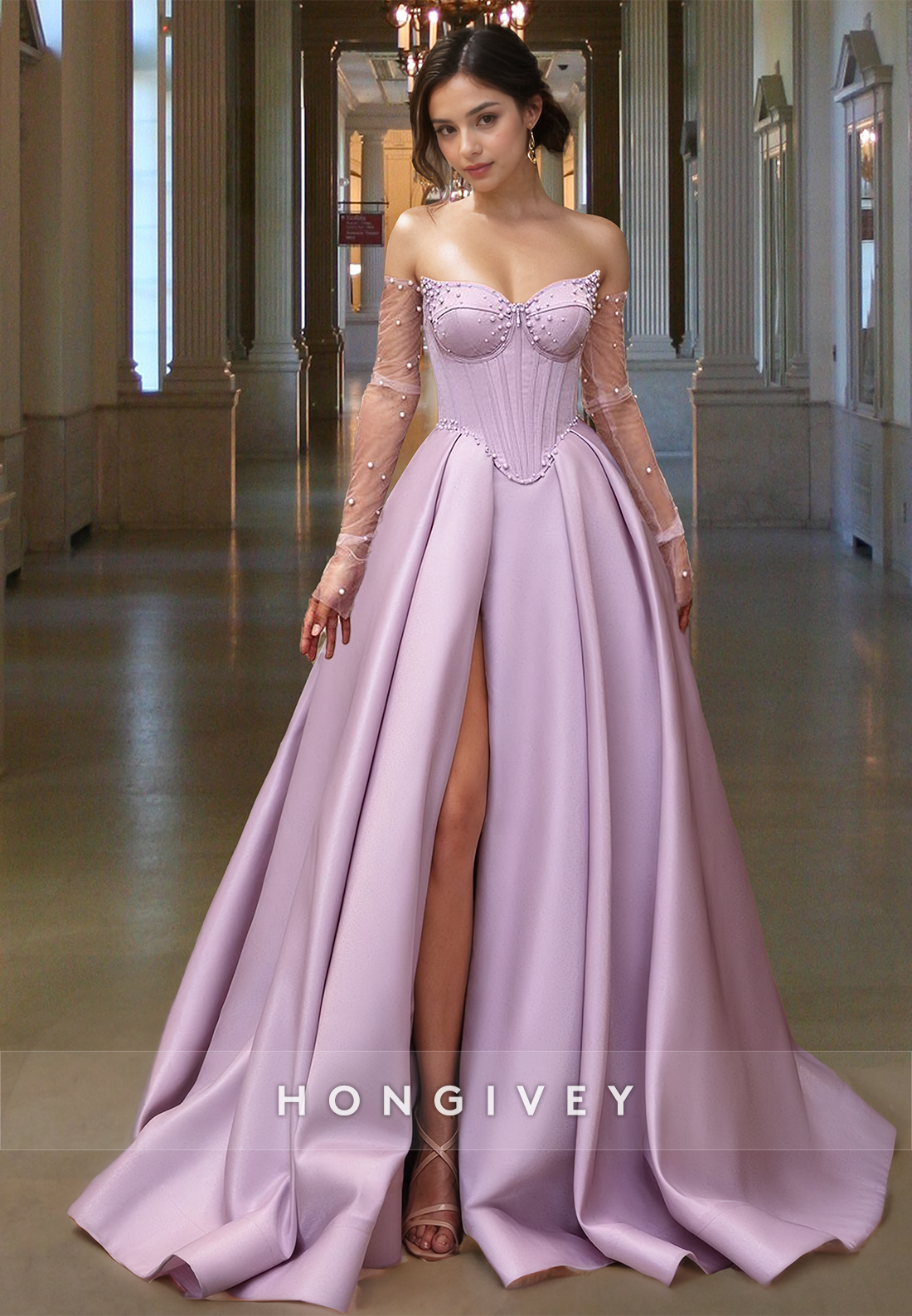 Sheer Pearls Long Sleeves Prom Dress Pink Strapless Corset Ball Gown Sheer Pearls Long Sleeves Prom Dress Pink Strapless Corset Ball Gown