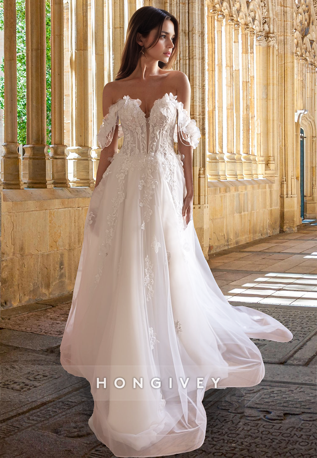 a line floral wedding dress Floral Off-Shoulder Tulle A-Line Wedding Dress Bridal Gown HONGIVEY