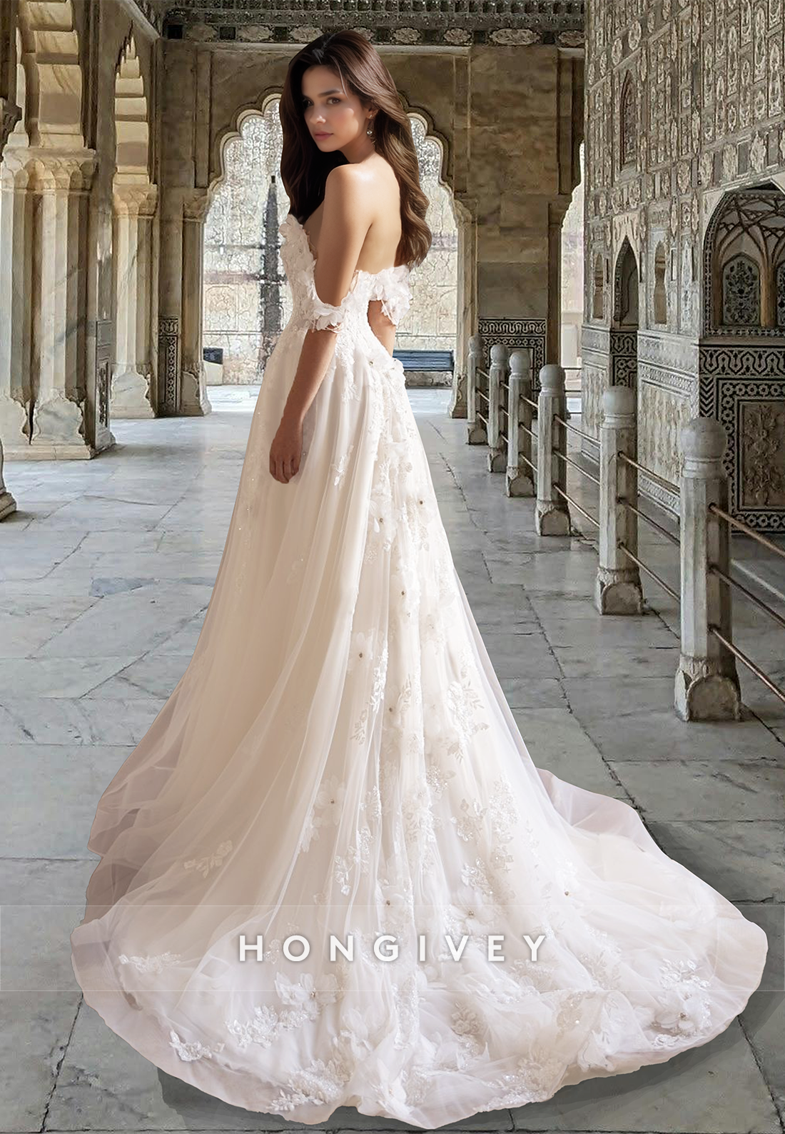 Floral Off-Shoulder Tulle A-Line Wedding Dress Bridal Gown HONGIVEY