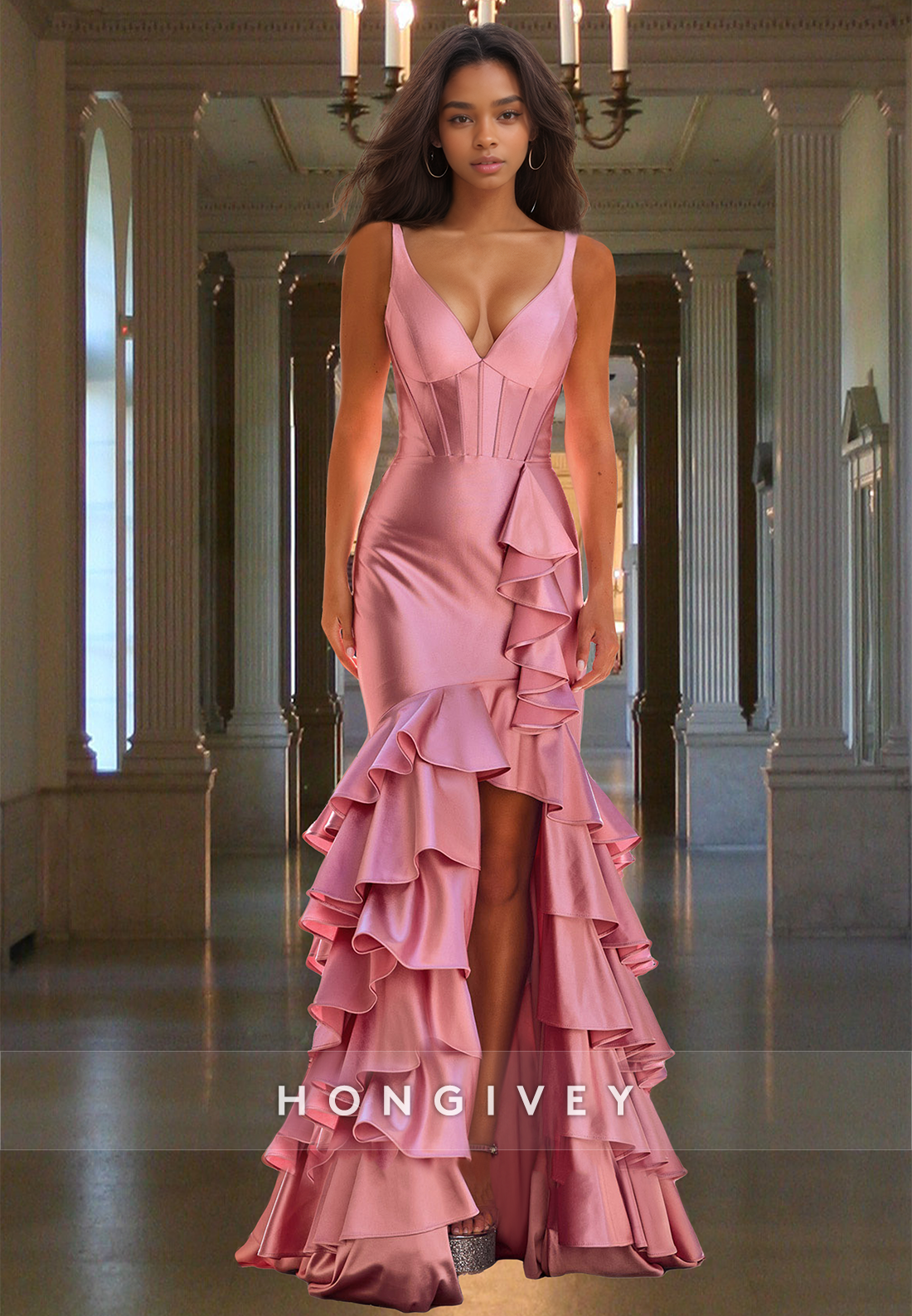 Sexy V-Neck Pink Tiered Ruffles Formal Evening Dress Prom Gown HONGIVE Sexy V-Neck Pink Tiered Ruffles Formal Evening Dress Prom Gown HONGIVE