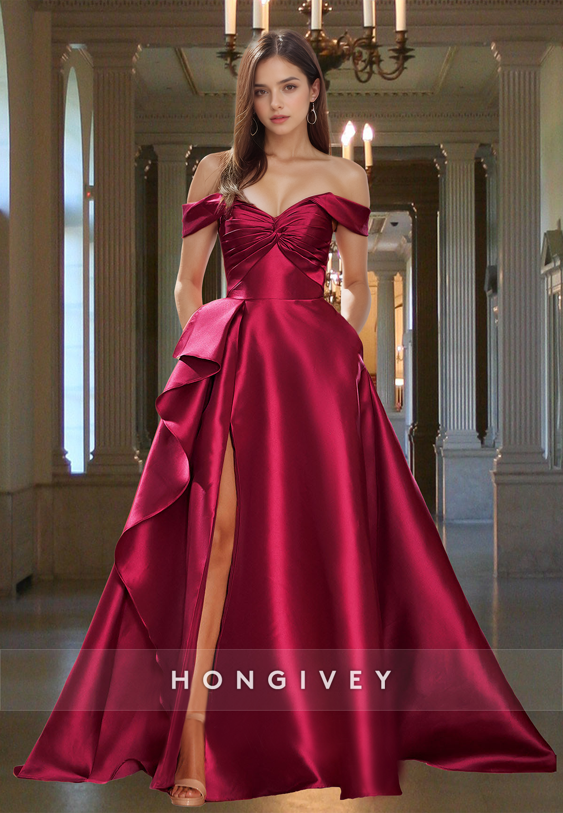 Ruffles Red Off-Shoulder Satin A-Line with Slit Formal Evening Dress P Ruffles Red Off-Shoulder Satin A-Line with Slit Formal Evening Dress P