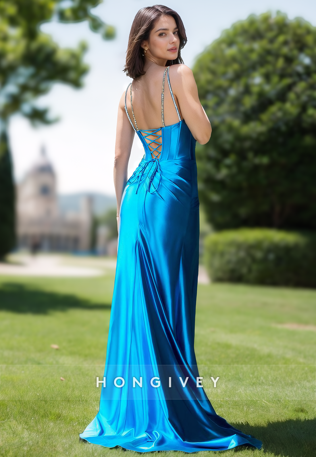 Classy Straps Blue Pool Evening Dress Sleeveless with Slit Satin Formal Party Gown