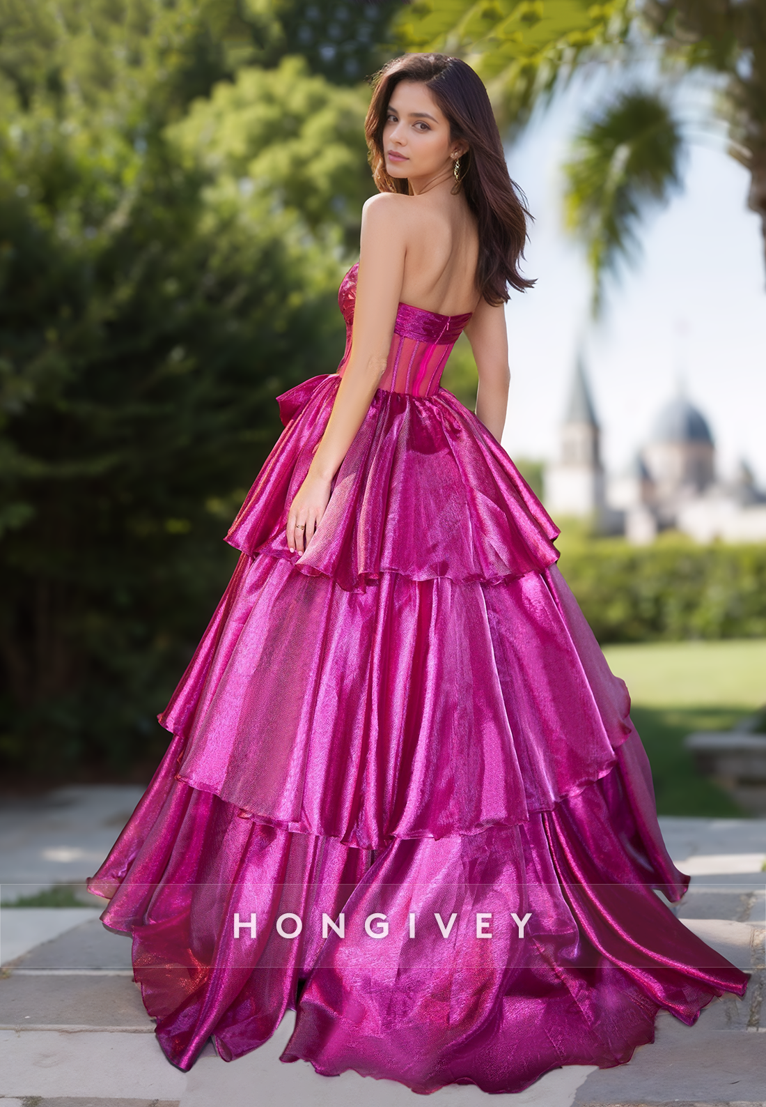 Fuchsia Tiered Bow Strapless A-line Quinceanera Evening Dress Prom Ball Gown