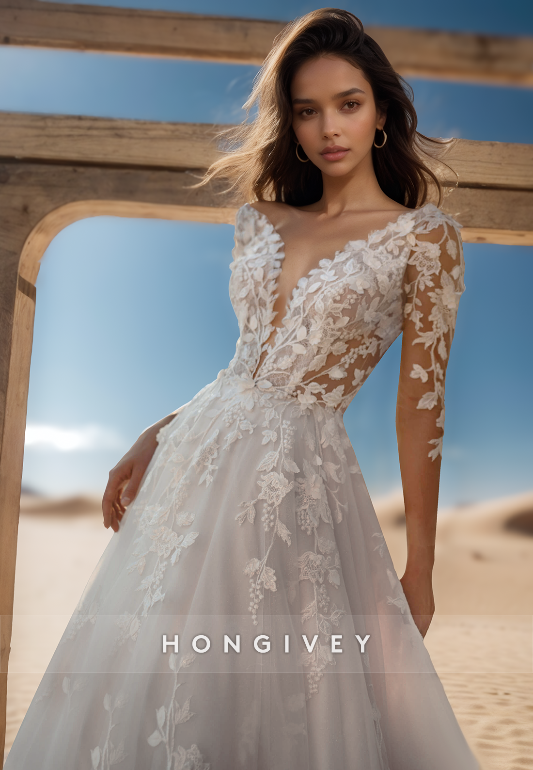 A-Line V-Neck Lace appliques Long Sleeves Buttons Wedding Dresses