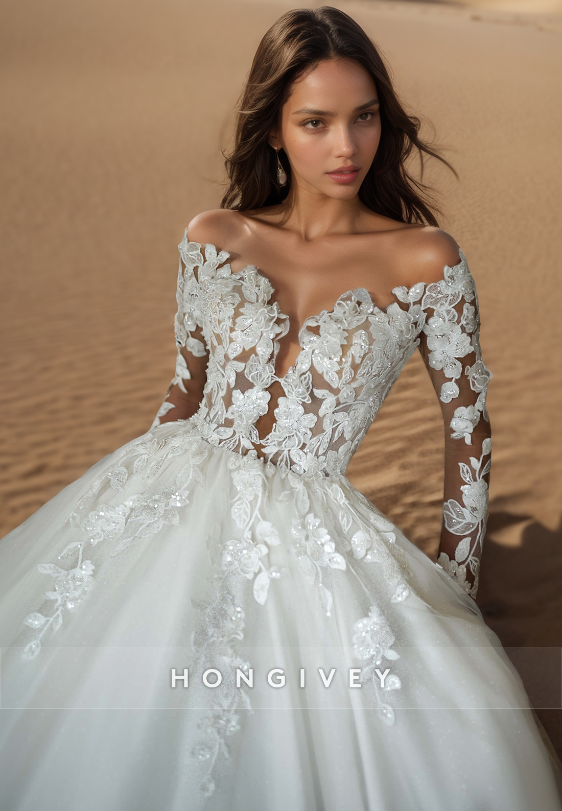 A-Line V-Neck Long Sleeves Open Back Wedding Dresse with Court Train