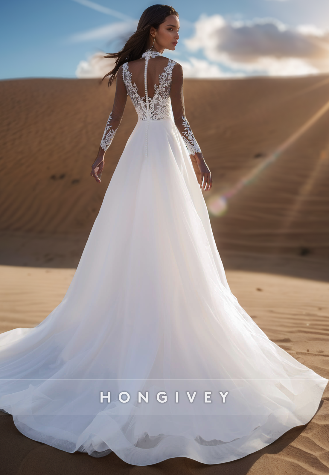 A-Line V-Neck Long Sleeves semi-transparent Lace Wedding Dresses