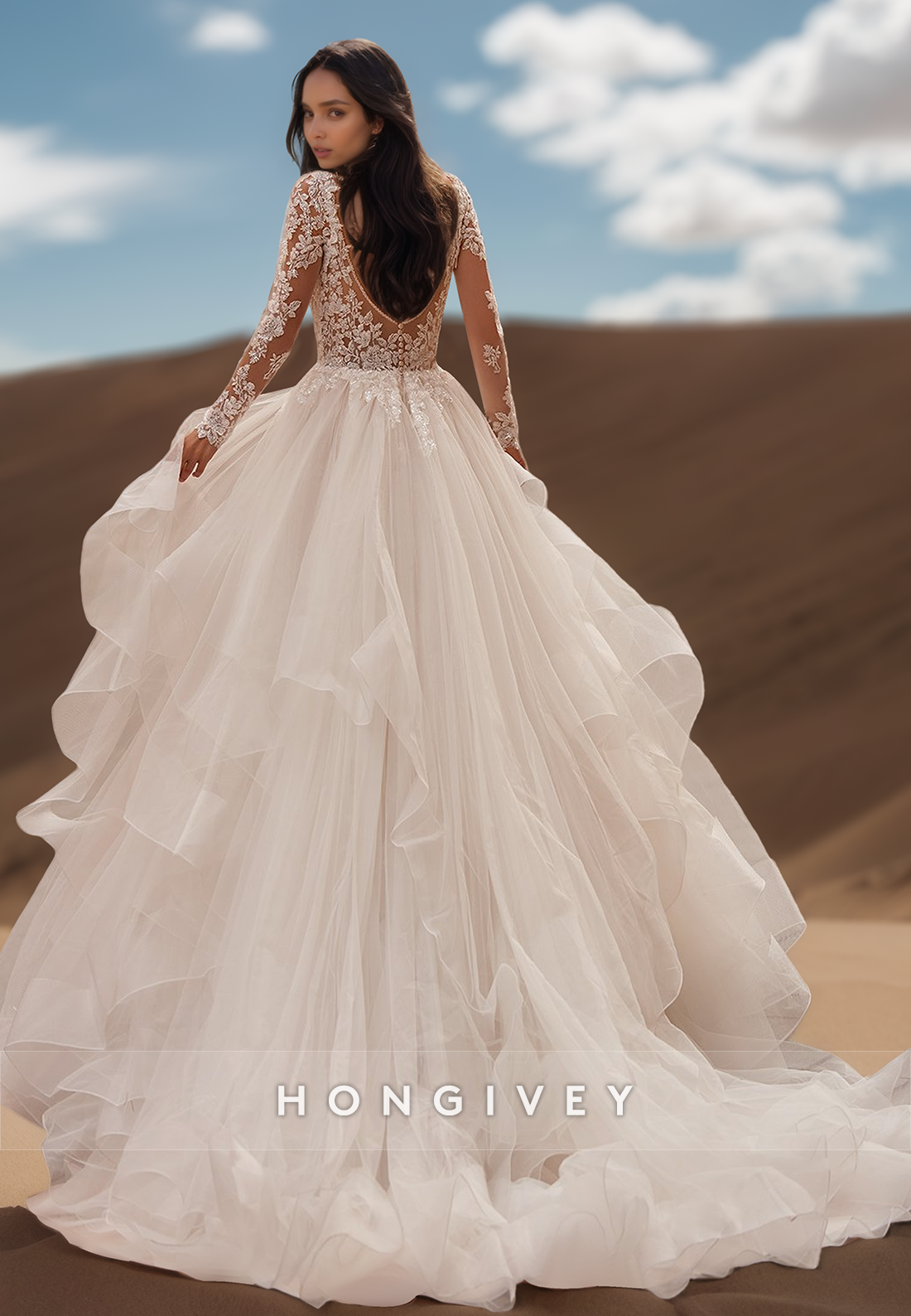 Long Sleeves Lace appliques Open Back Beach Wedding Dresses