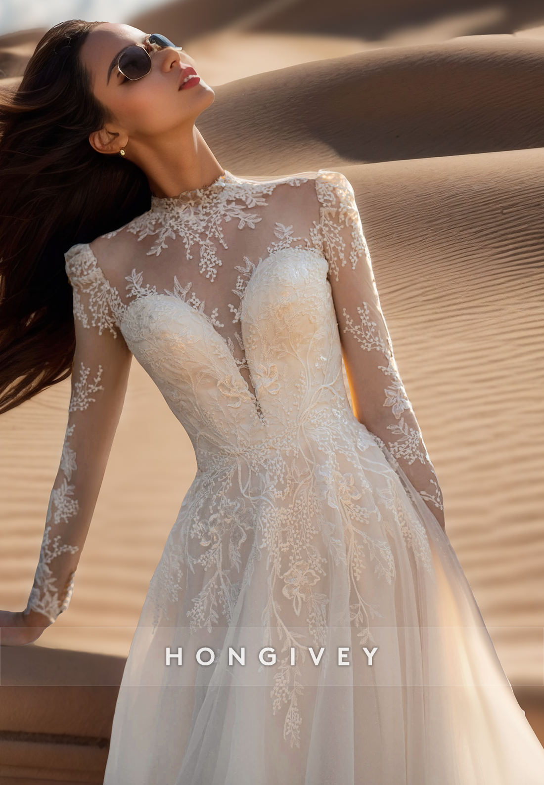 A-Line V-Neck Long Sleeves Lace appliques Beach Wedding Dresses