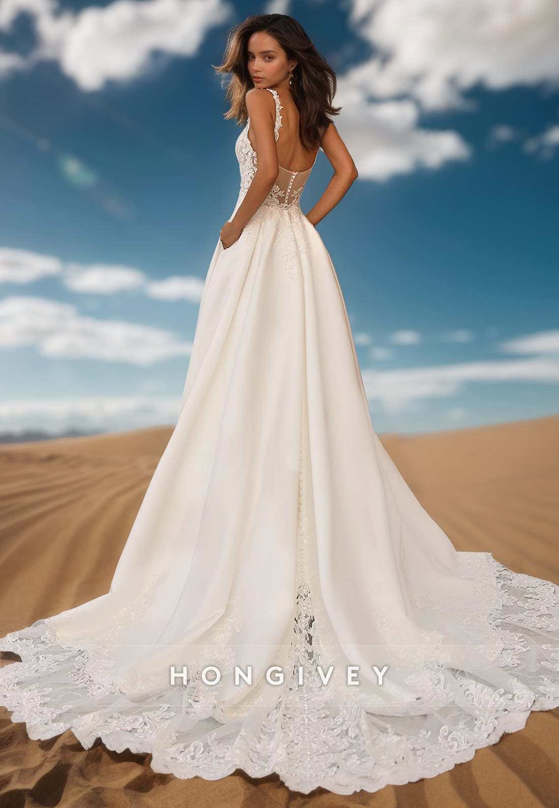 V-Neck Lace appliques Sexy and Sleek Wedding Dresses with Pockets