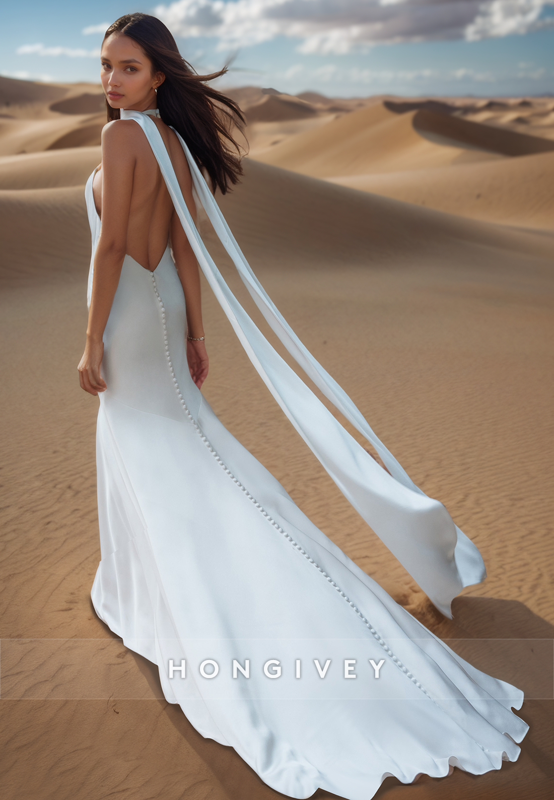 V-Neck Halter Button Beach Mermaid Wedding Dresses with Brush Train