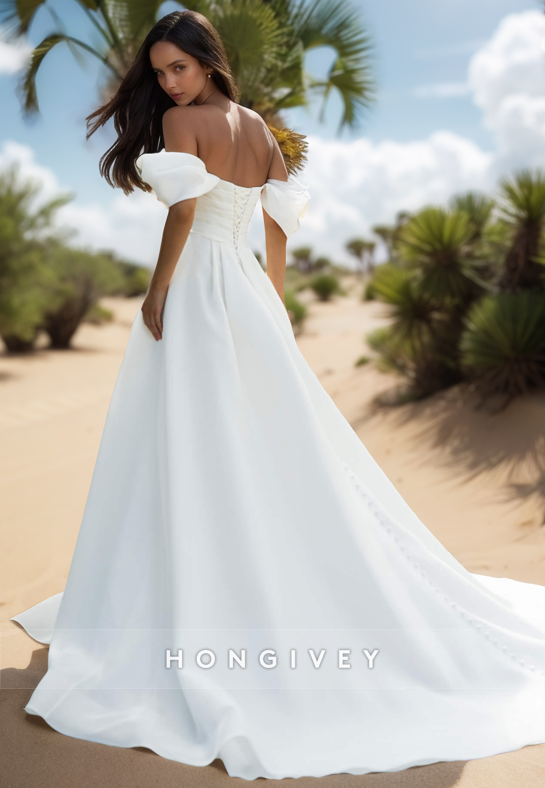 A-Line Off-Shoulder Beads bSweetheart Split Organza Wedding Dresses