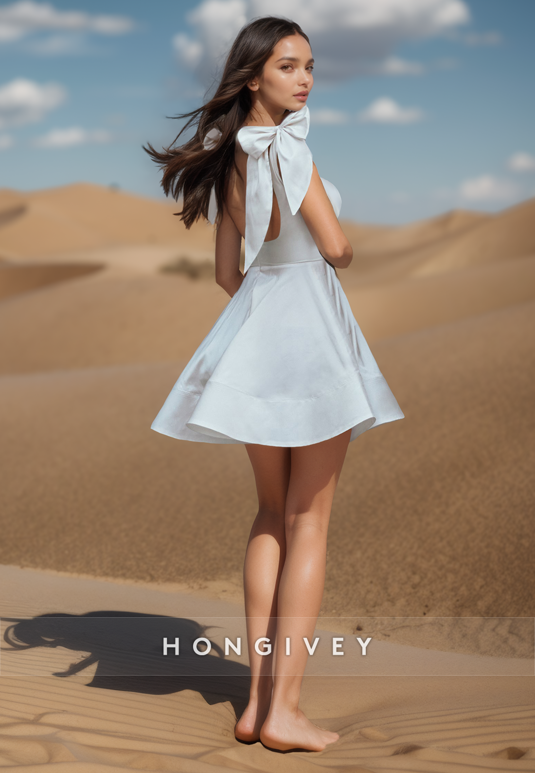 A-Line Bowknot Square Sleek Mini Beach Wedding Dresses