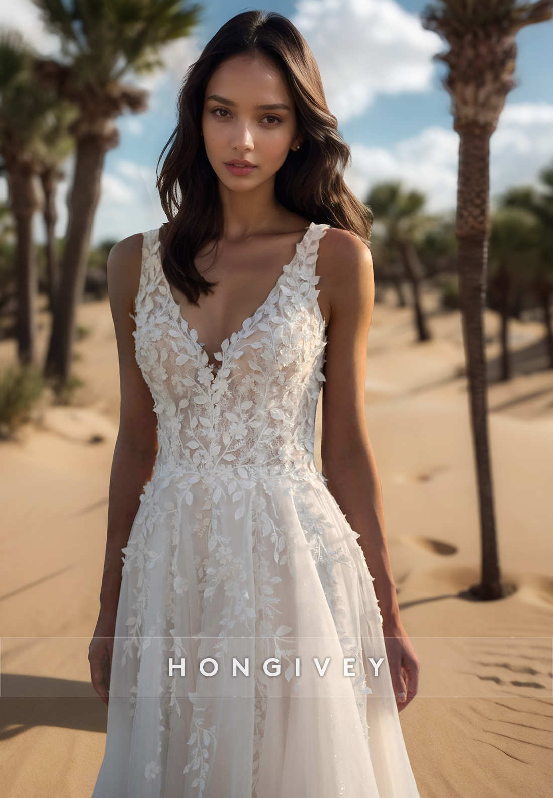 A-Line Lace appliques Straps Beach Wedding Dresses with Court Train