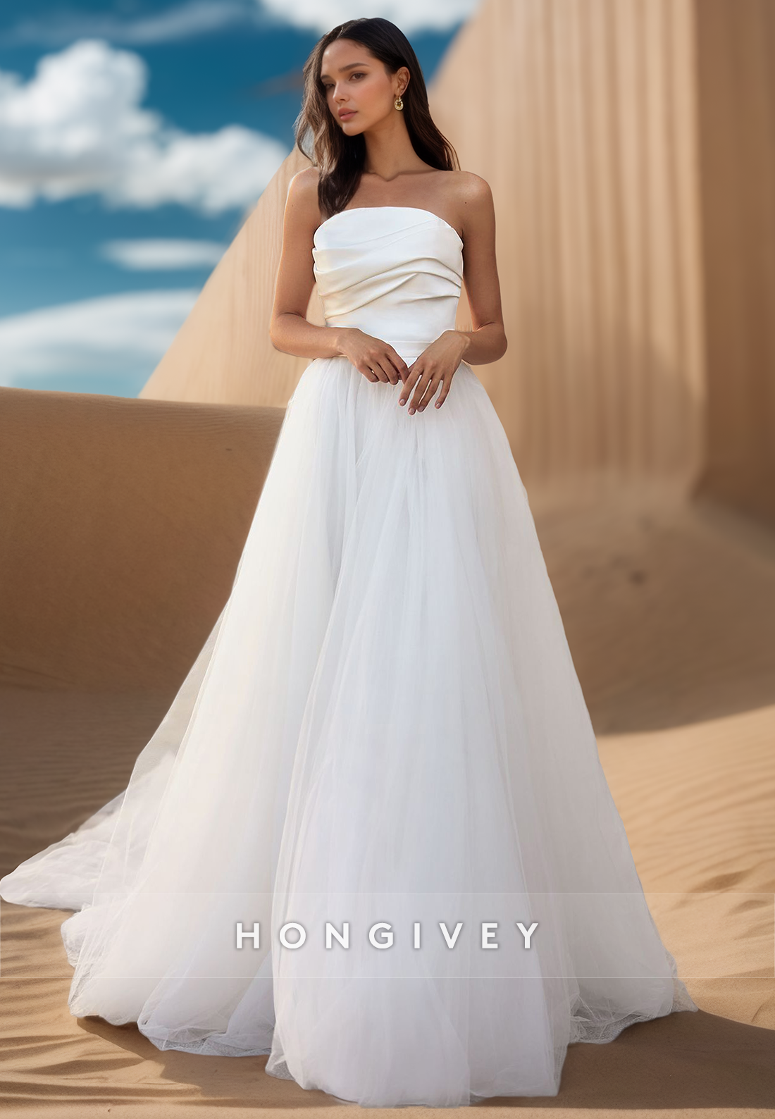 A Line Strapless Sleeveless Pleats Simple Cheap Wedding Dress with Sweep Train