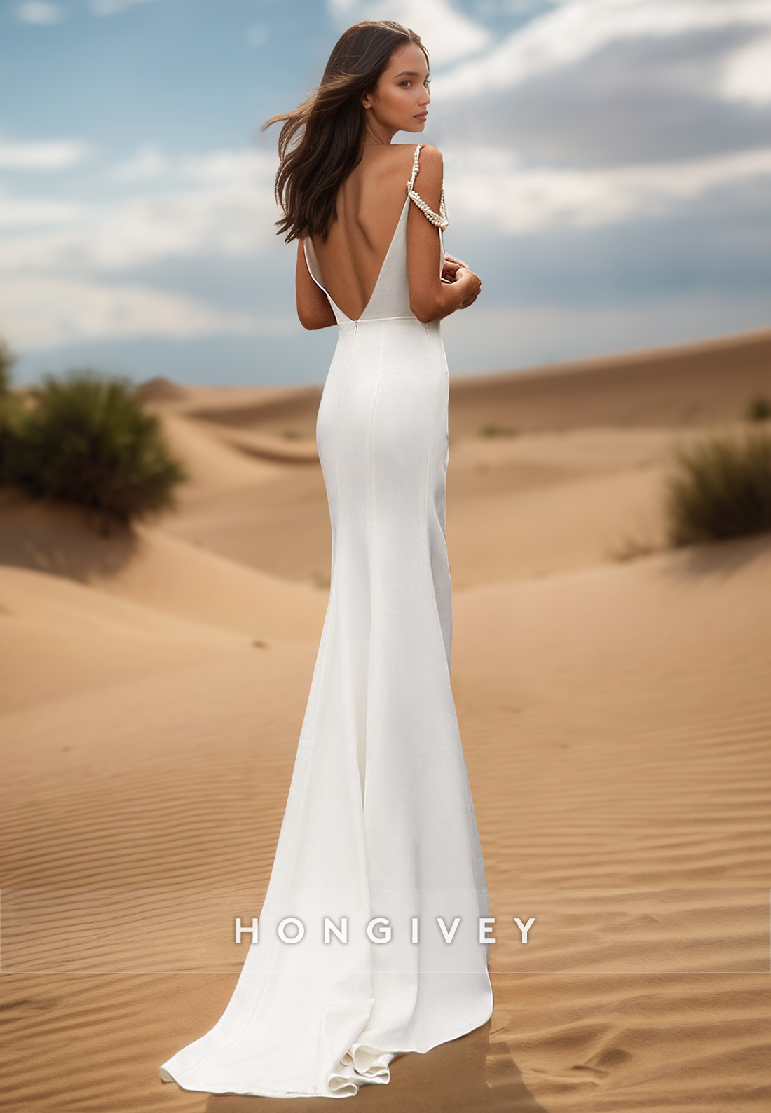 V-Neck Spaghetti Straps Long Side Slit Pearl Wedding Dresses With Train