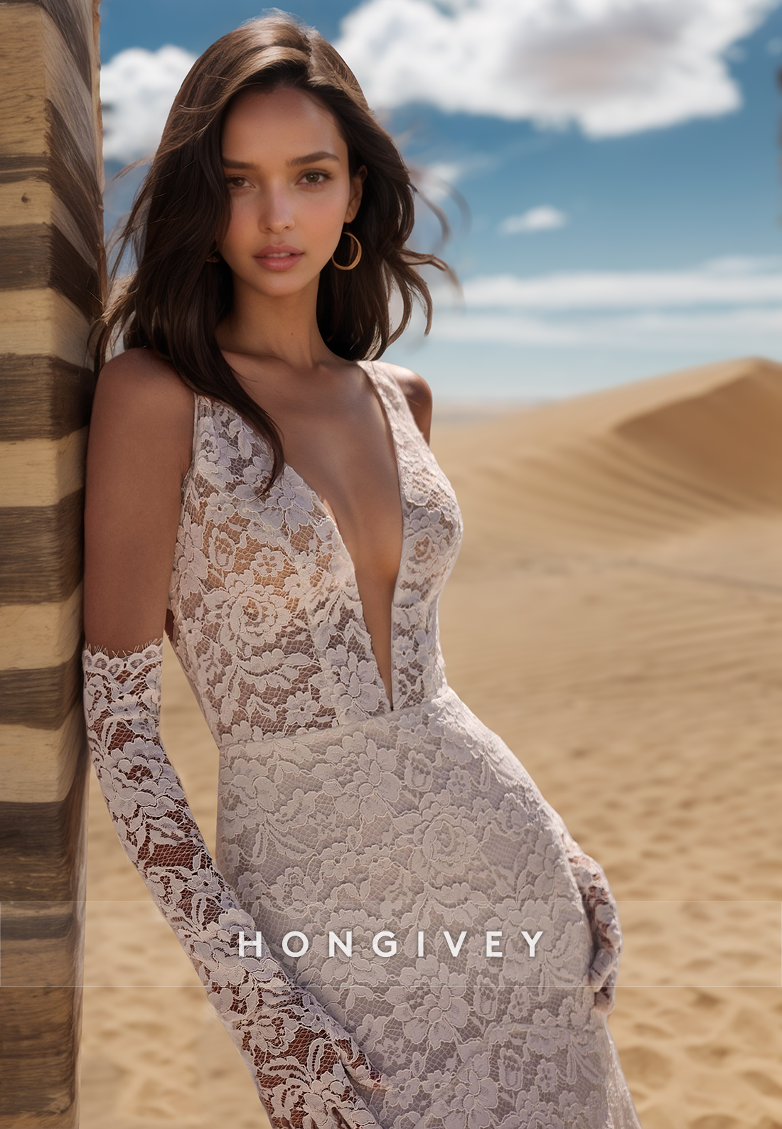 Deep V-Neck Floral Lace Beaded Fitted Sexy Wedding Dresses With Train