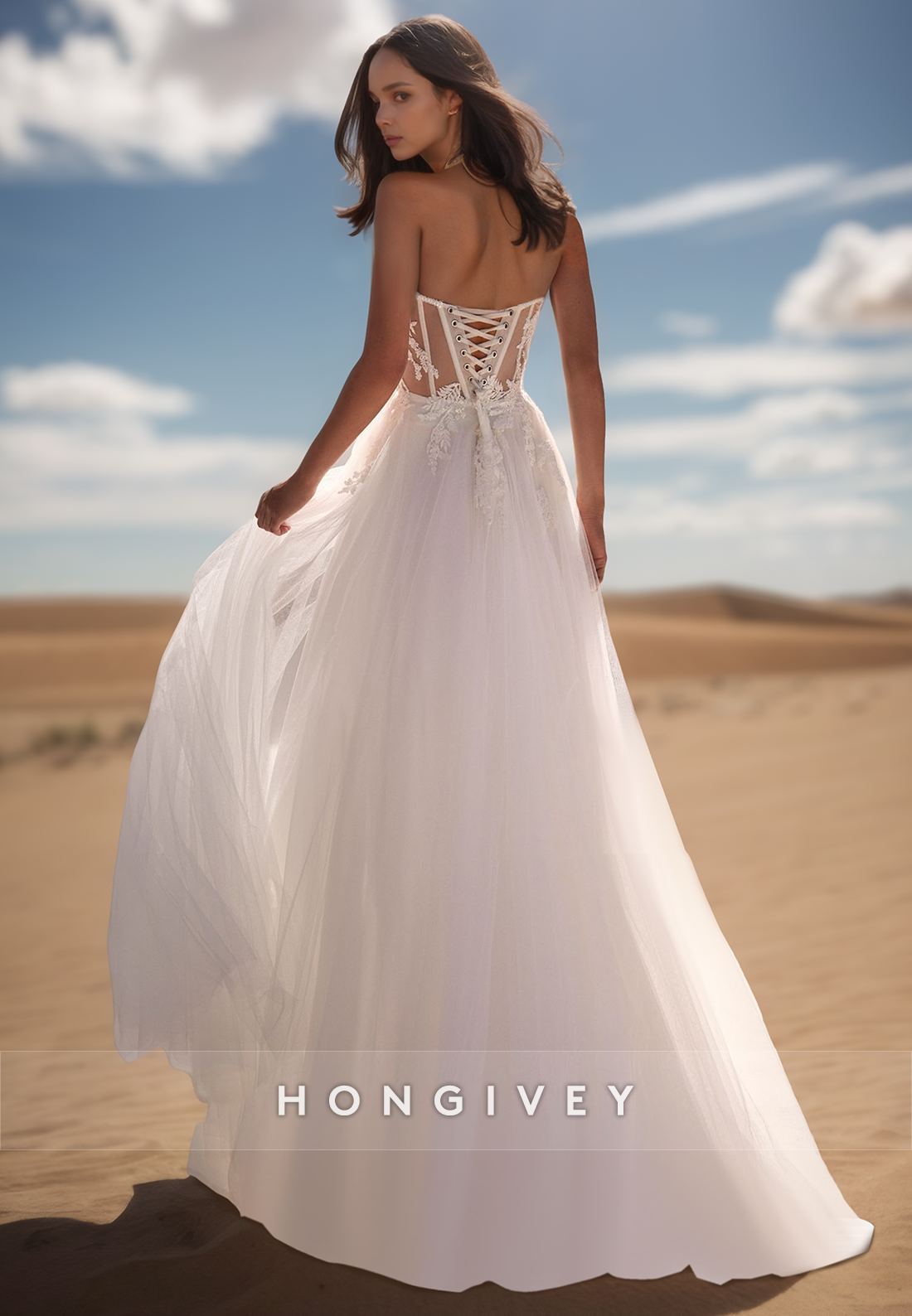 A Line Sweetheart Lace Appliques Side Slit Romantic Wedding Dress with Detachable Sleeves