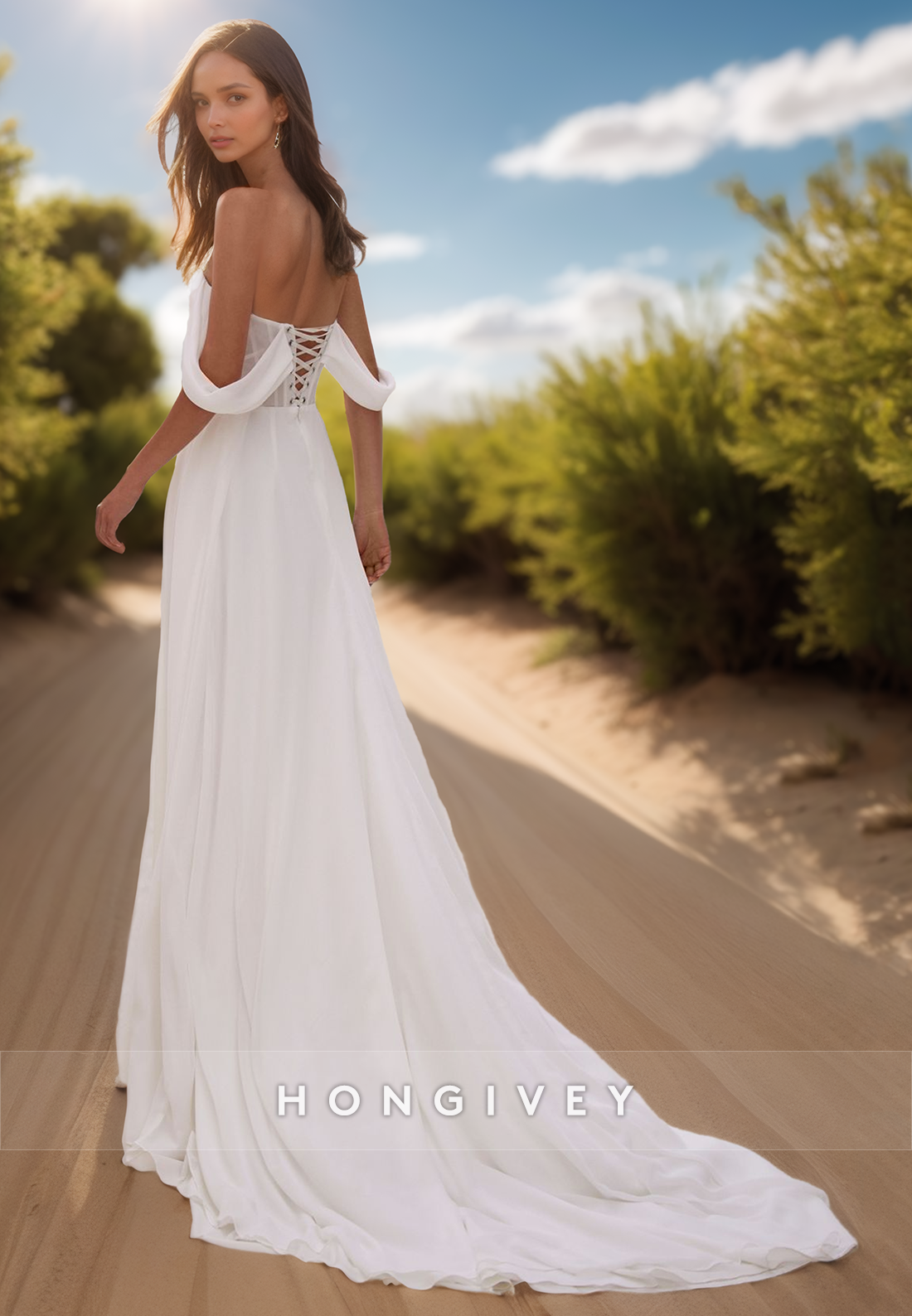 A-Line Sheer Pleats Simple Beach Wedding Dresses With Side Slit