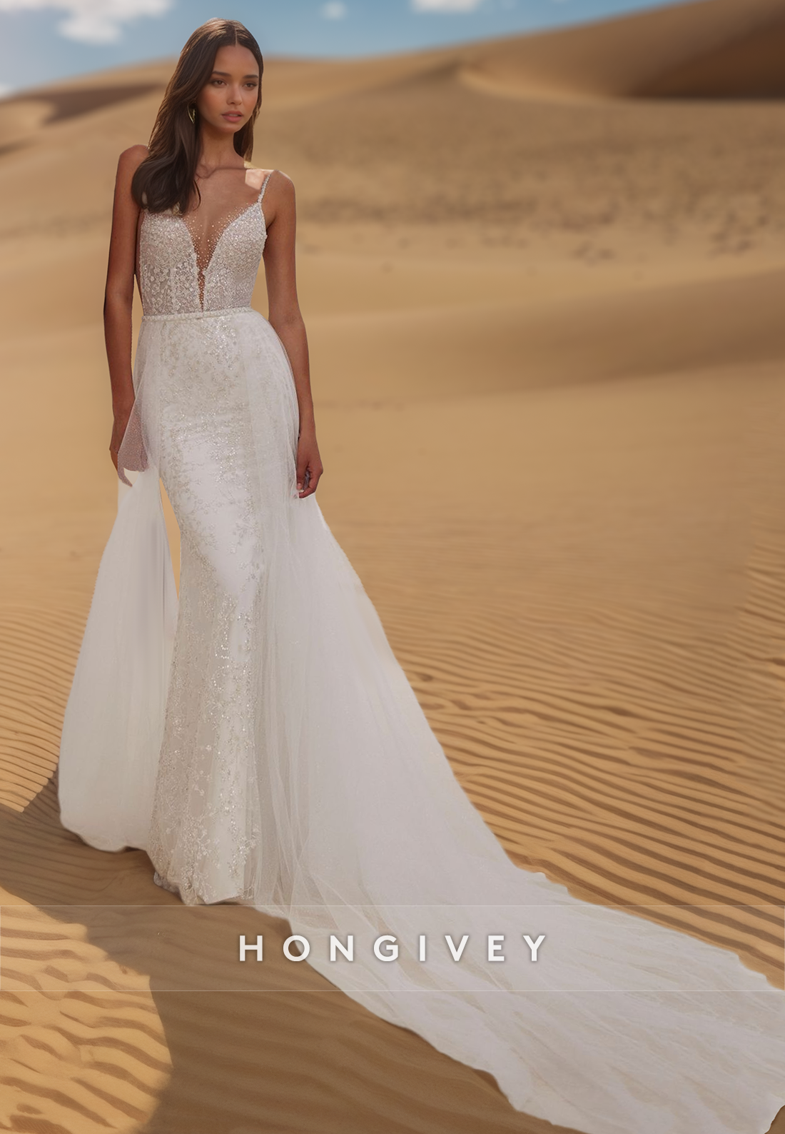 Deep V-Neck Beaded Lace Ornate Wedding Dresses With Tulle Train