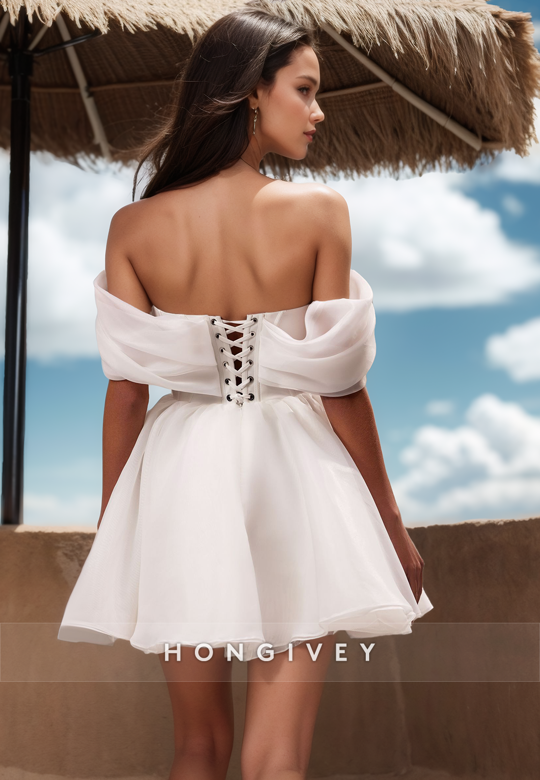 A-Line Off-Shoulder Organza Pleats Short Simple Beach Wedding Dresses