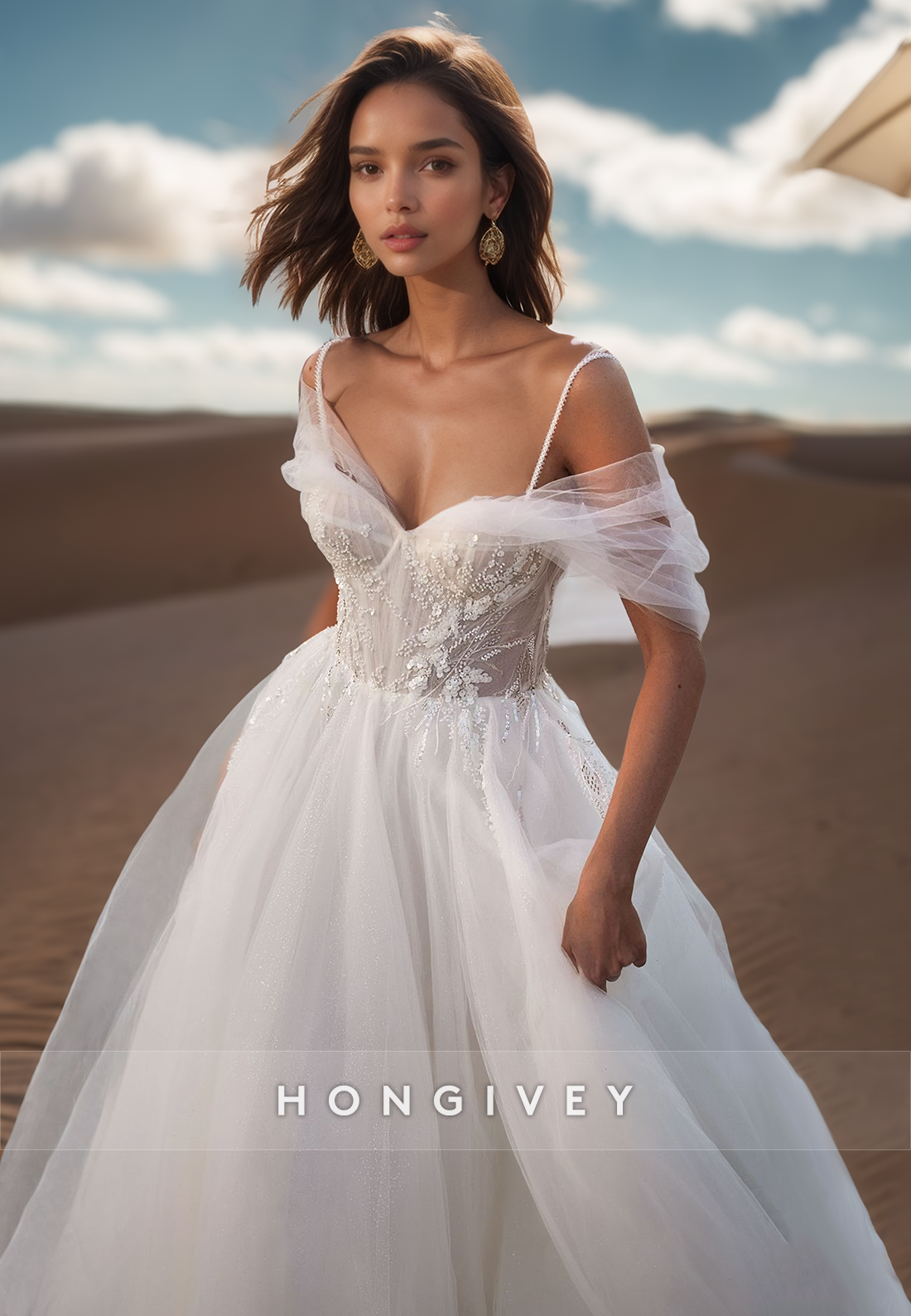 A-Line Plunging Illusion Strap Lace Appliques Ornate Wedding Dresses with Train