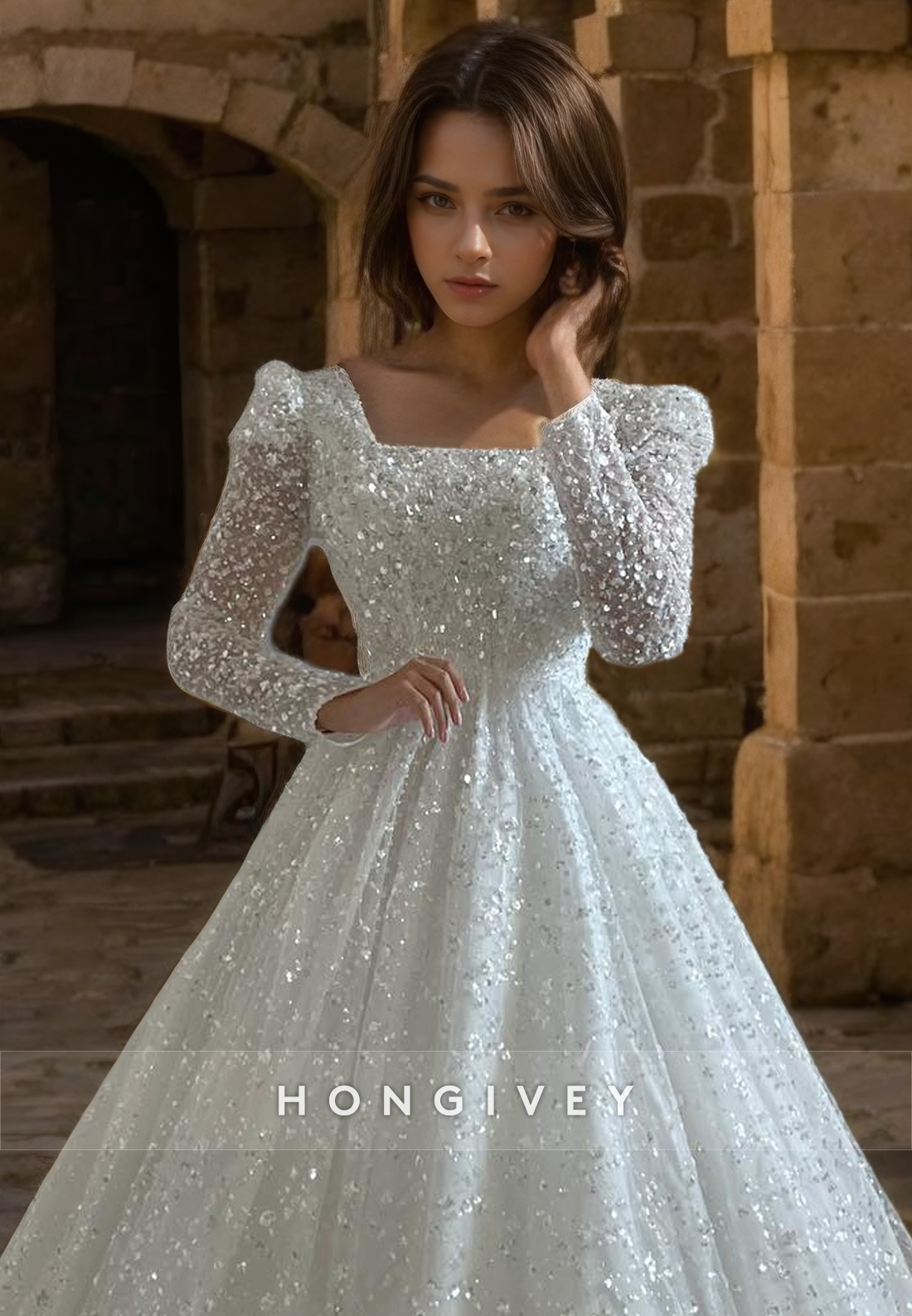 Glitter Tulle A-Line Square Long Sleeve With Train Wedding Dress